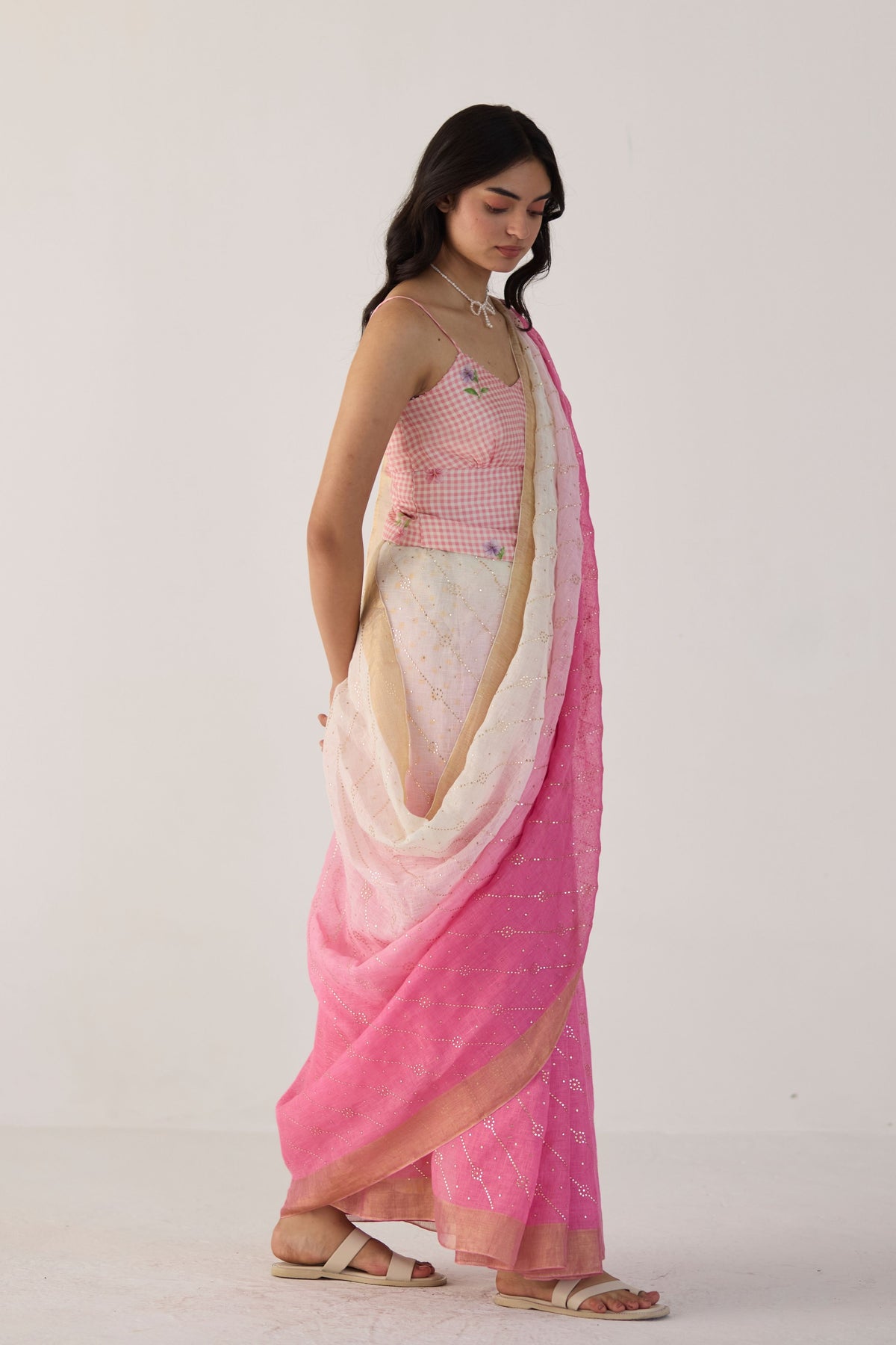 Pink Ombre Sari With Gold Dots Print