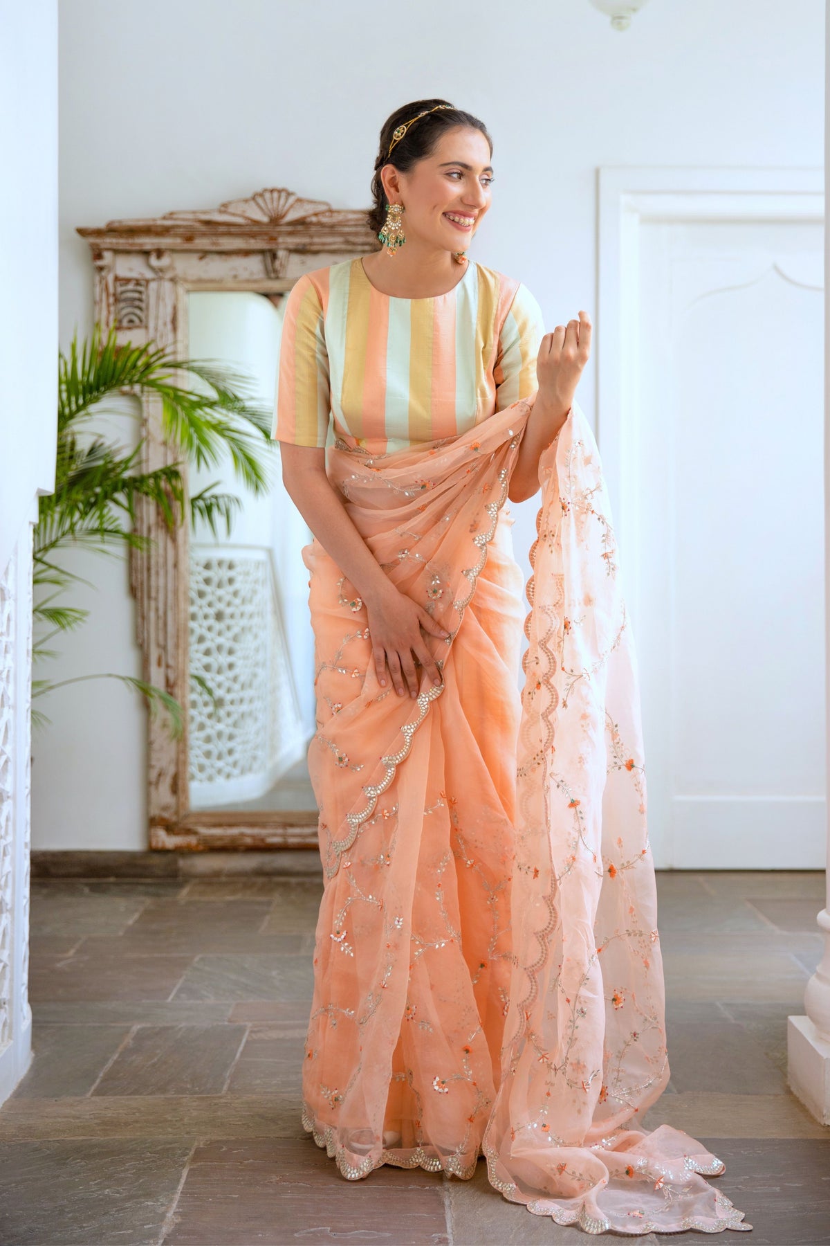 Peach Jaal Saree Set