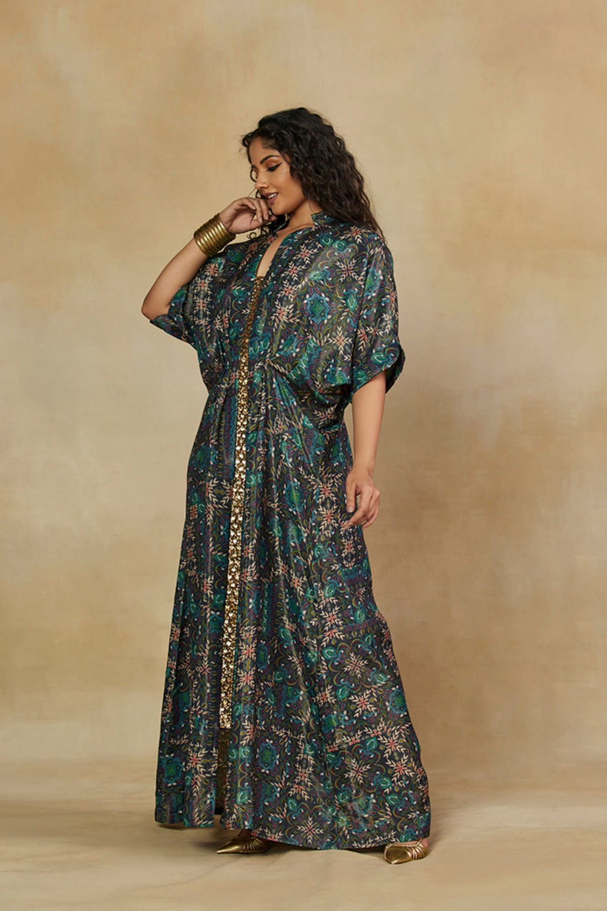 Printed Kaftan Dress with Mirror Work