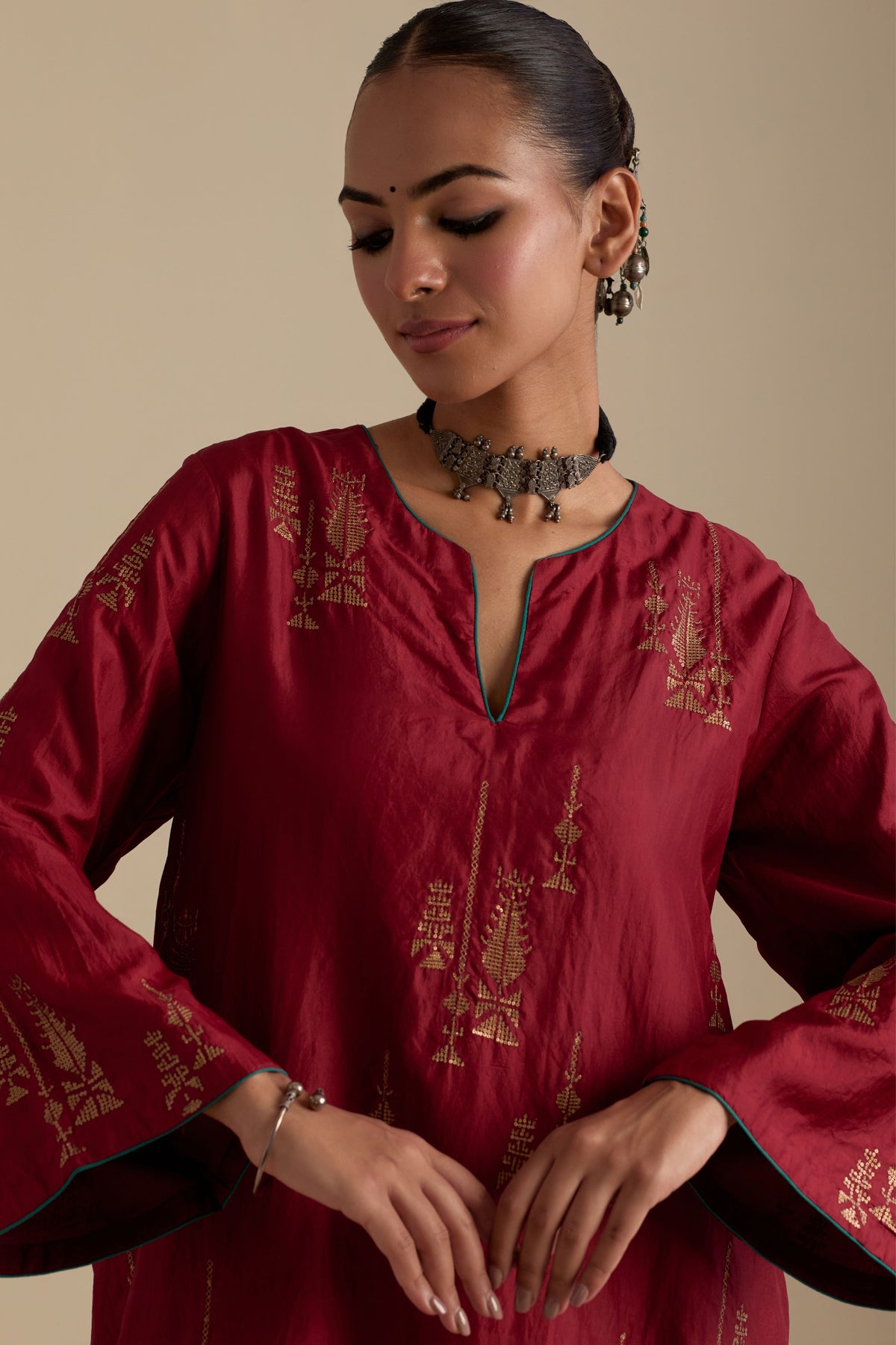 Barn Red Silk Short Kurta Set