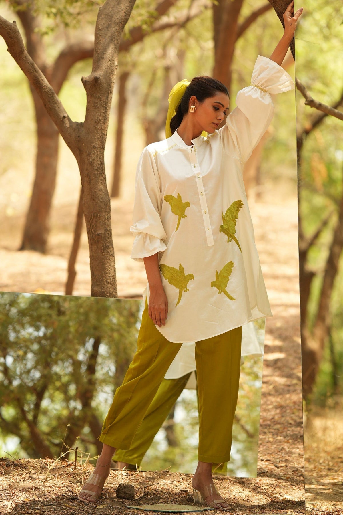 White Embroidered Kurta With Lime Pants