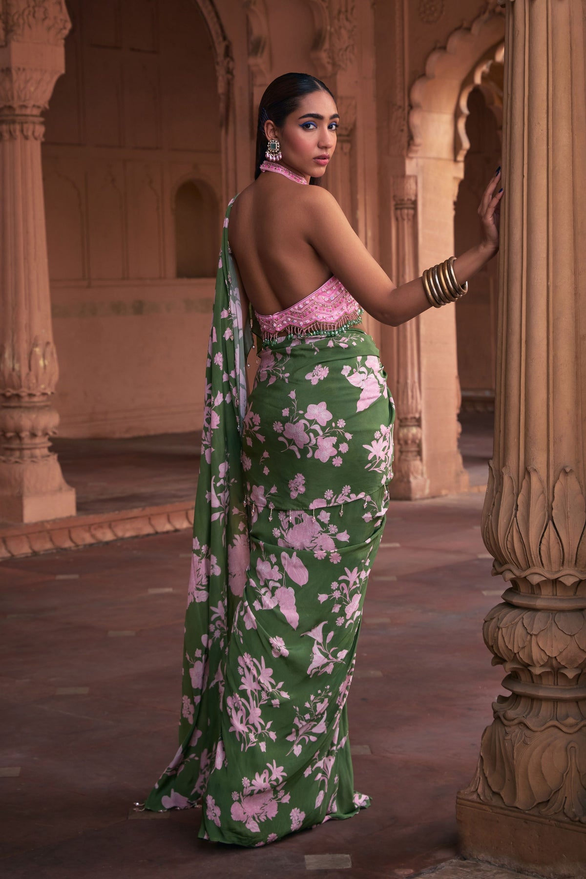 Chevron Embroidered Draped Saree Set