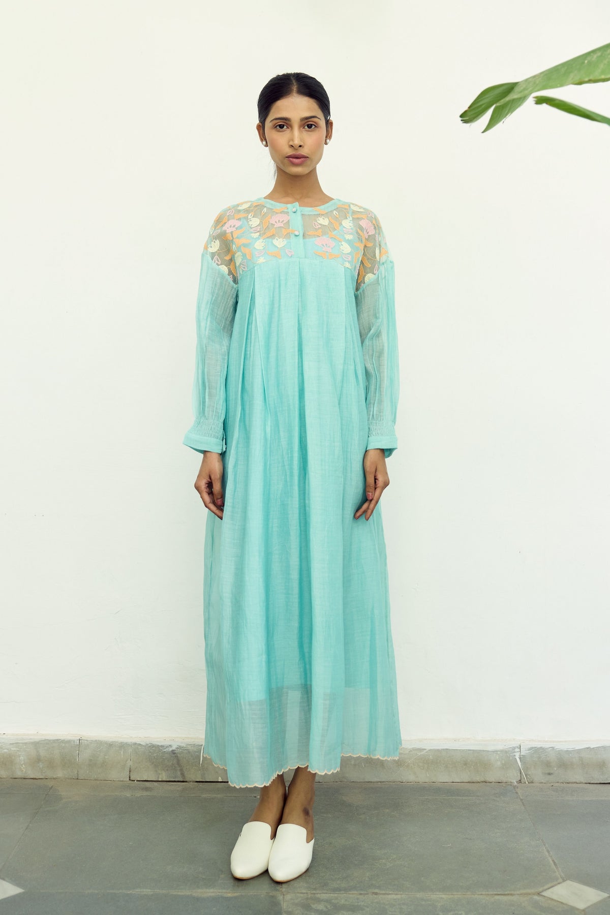 Turquoise Silk Organza Yoke Dress