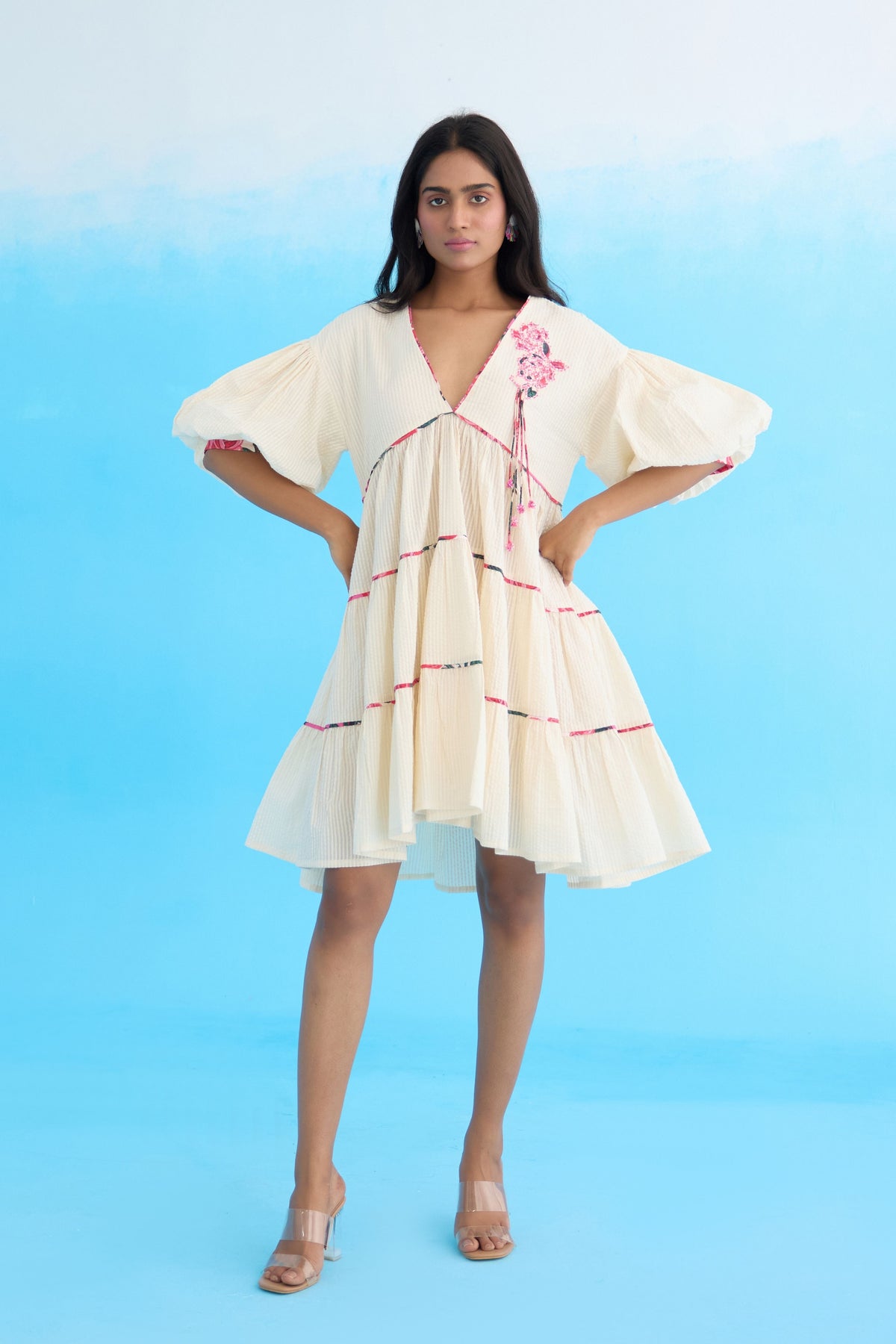 Cream Bubble Sleeves Tier Dress