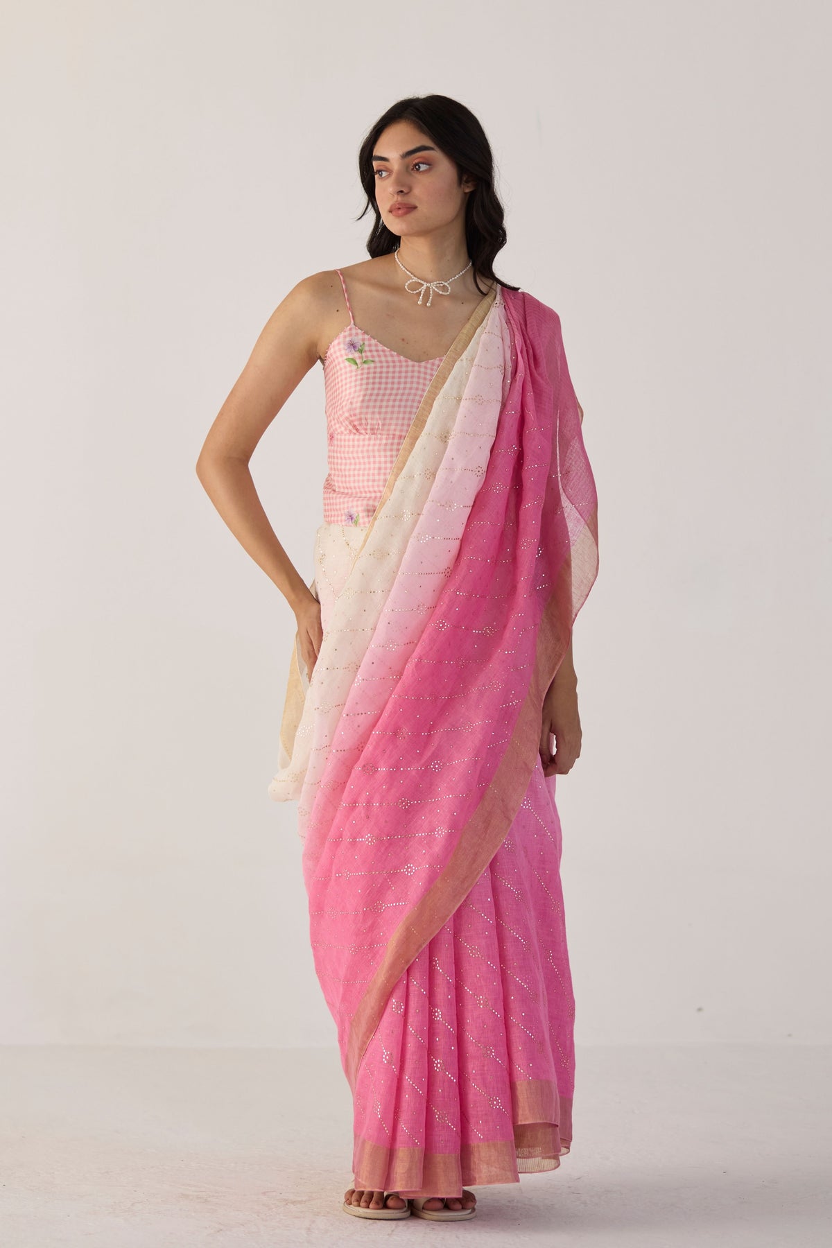 Pink Ombre Sari With Gold Dots Print