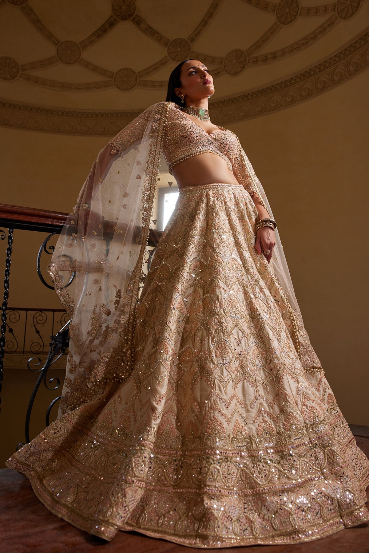 Peach Self Embroidered Mirror Lehenga Set