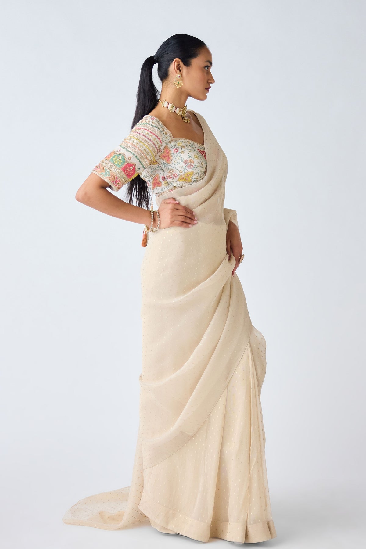 Ivory Sequins &amp; Resham Saree Set