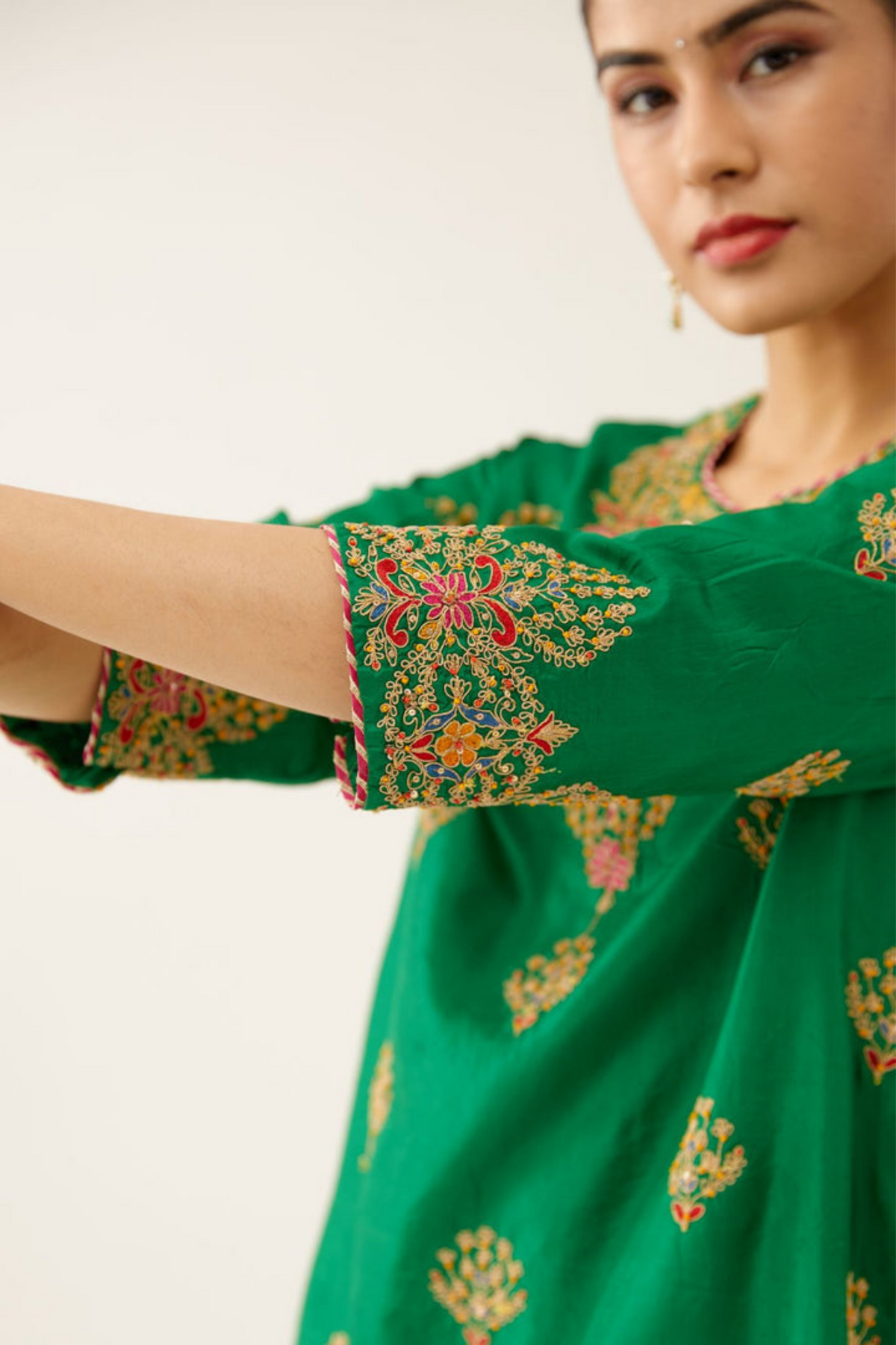 Green Silk Short Kurta Set