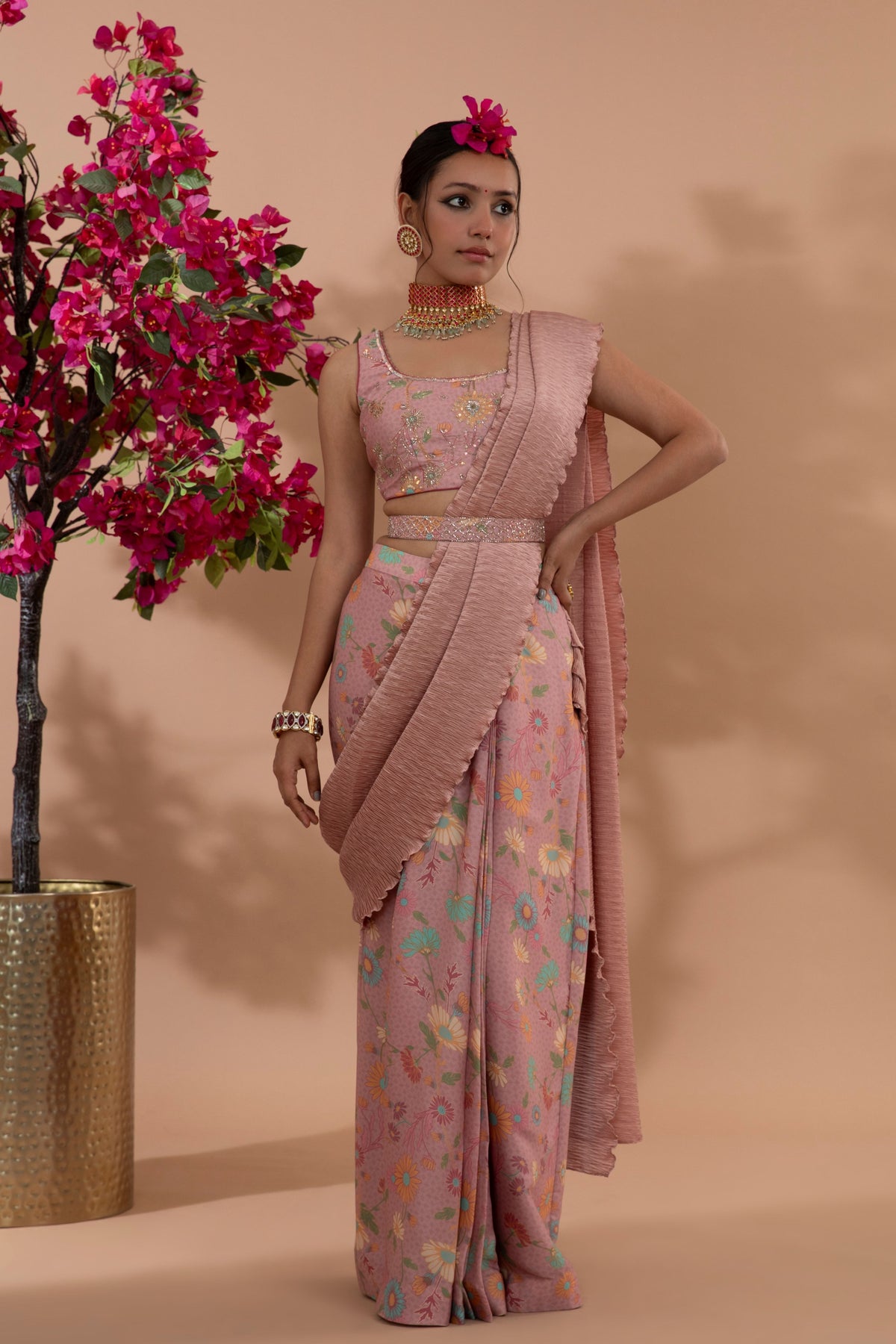 Dusty Rose Pre-draped Saree Set