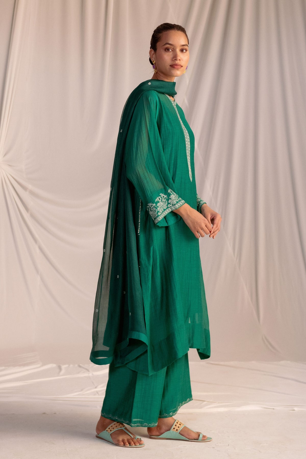 Green Embroidered Tunic &amp; Trouser Set