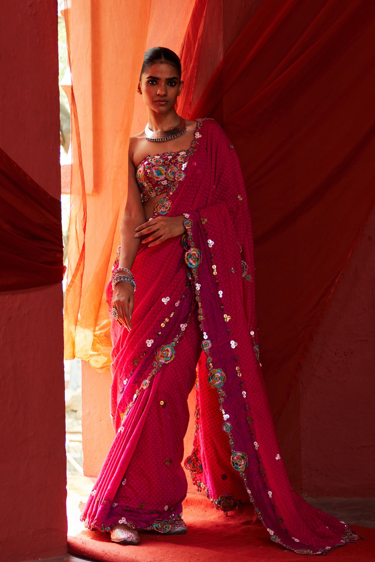 Pink Embroidered Sari Set