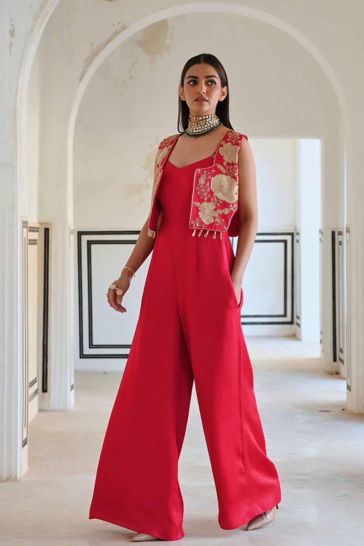 Red Embroidered Jumpsuit With Jacket