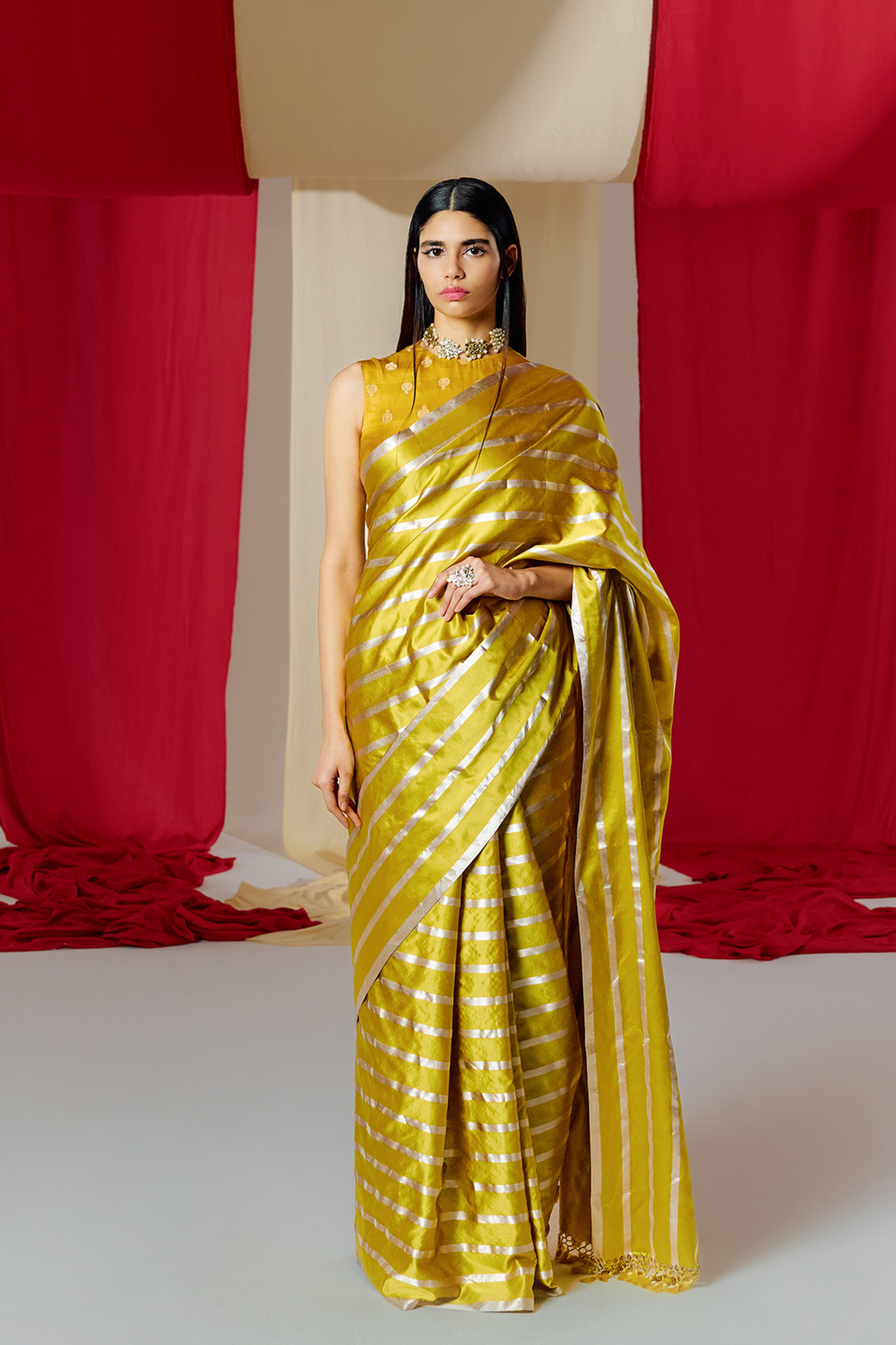 Handwoven Yellow Striped Silk Saree