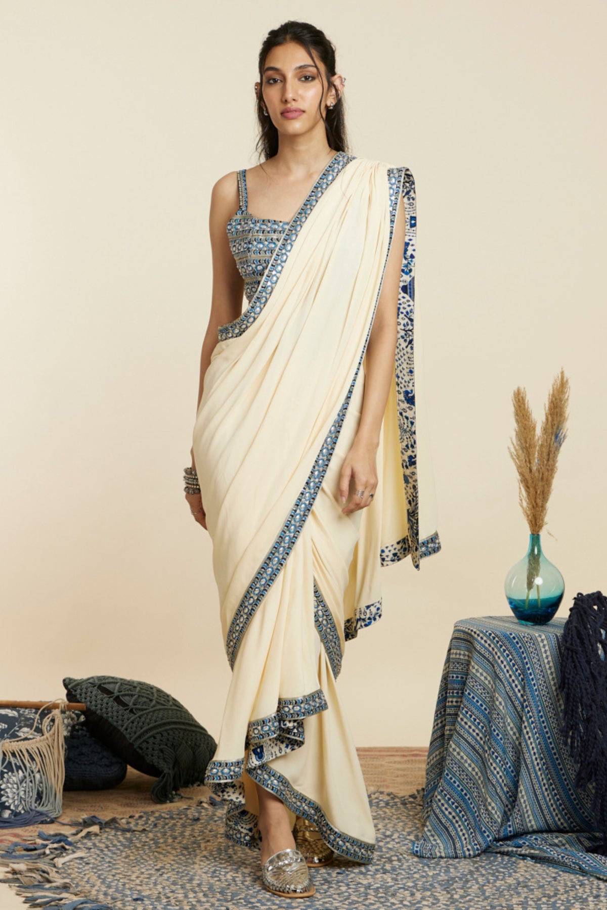 Beige Cascade Saree Set