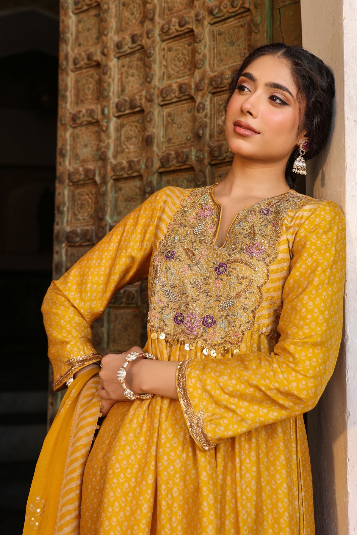 Printed Frockstyle Mustard Kurta Set