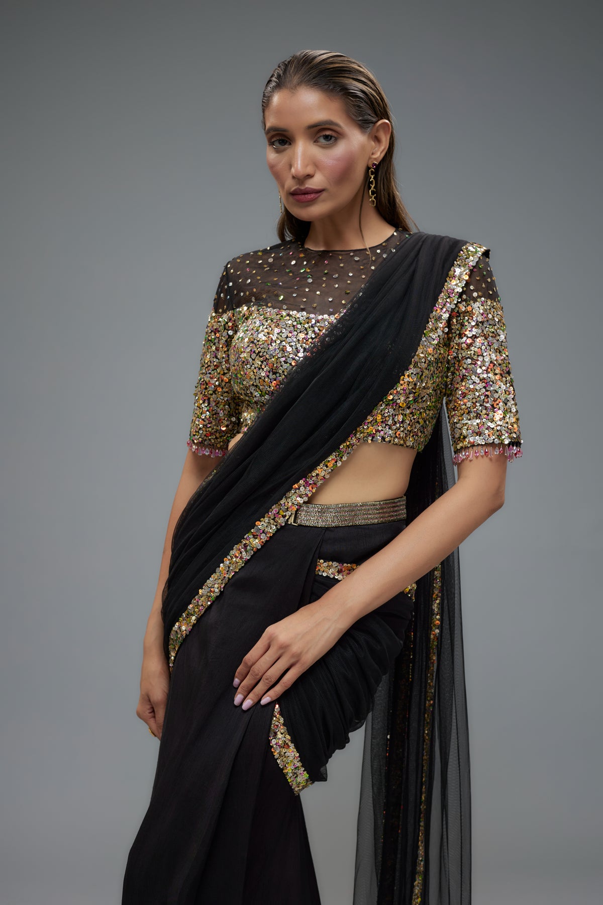 Black Sequence Embroidered Saree Set