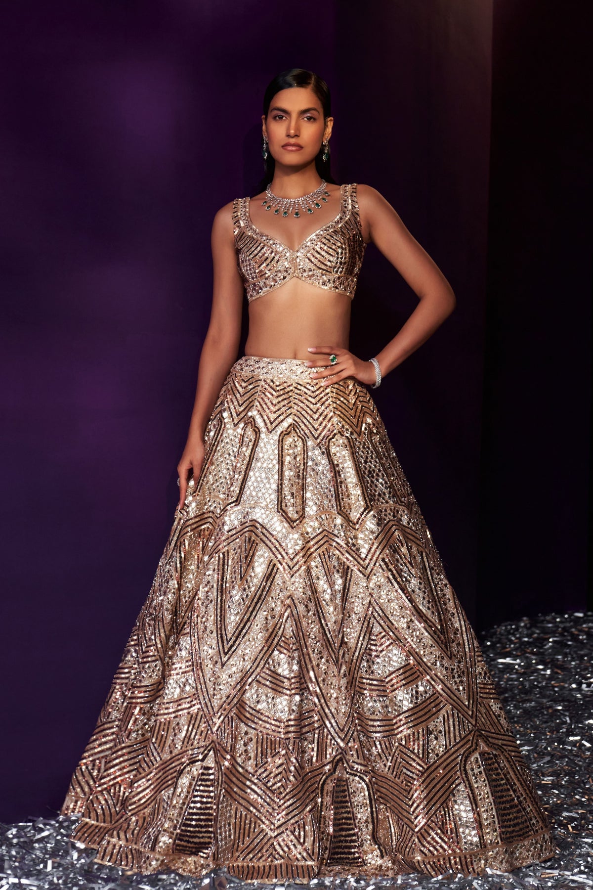 Gold Tissue Embroired Lehenga Set