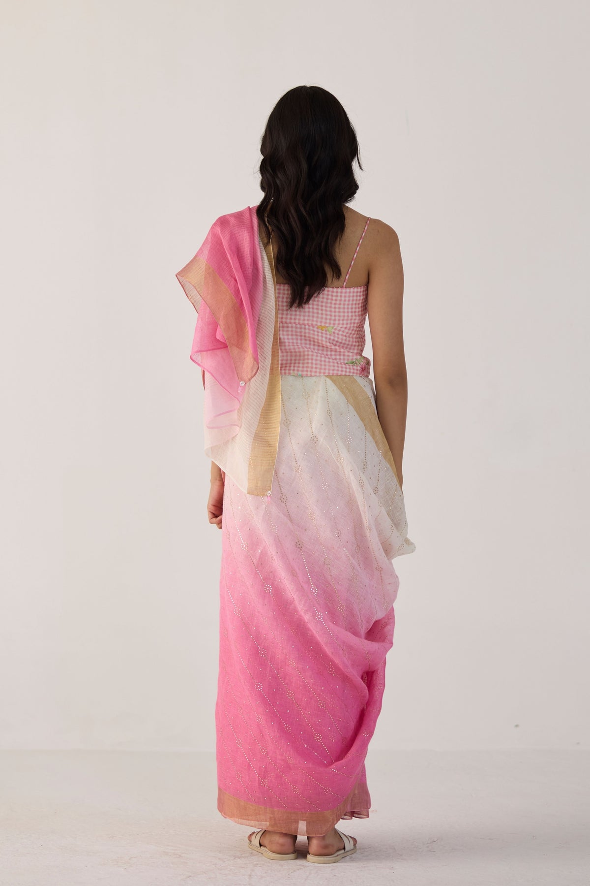 Pink Ombre Sari With Gold Dots Print