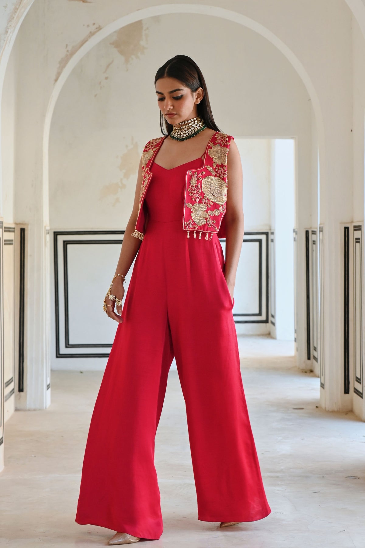 Red Embroidered Jumpsuit With Jacket