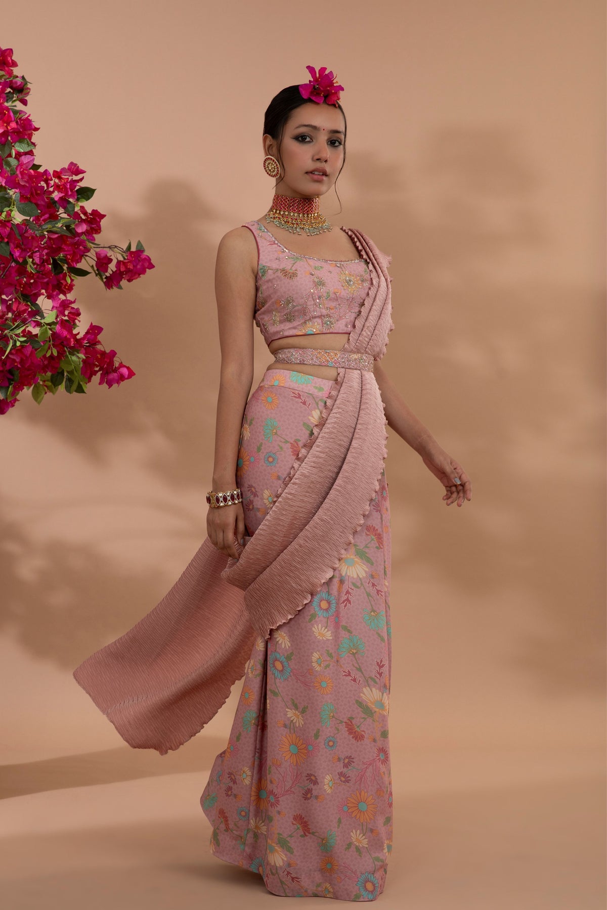 Dusty Rose Pre-draped Saree Set