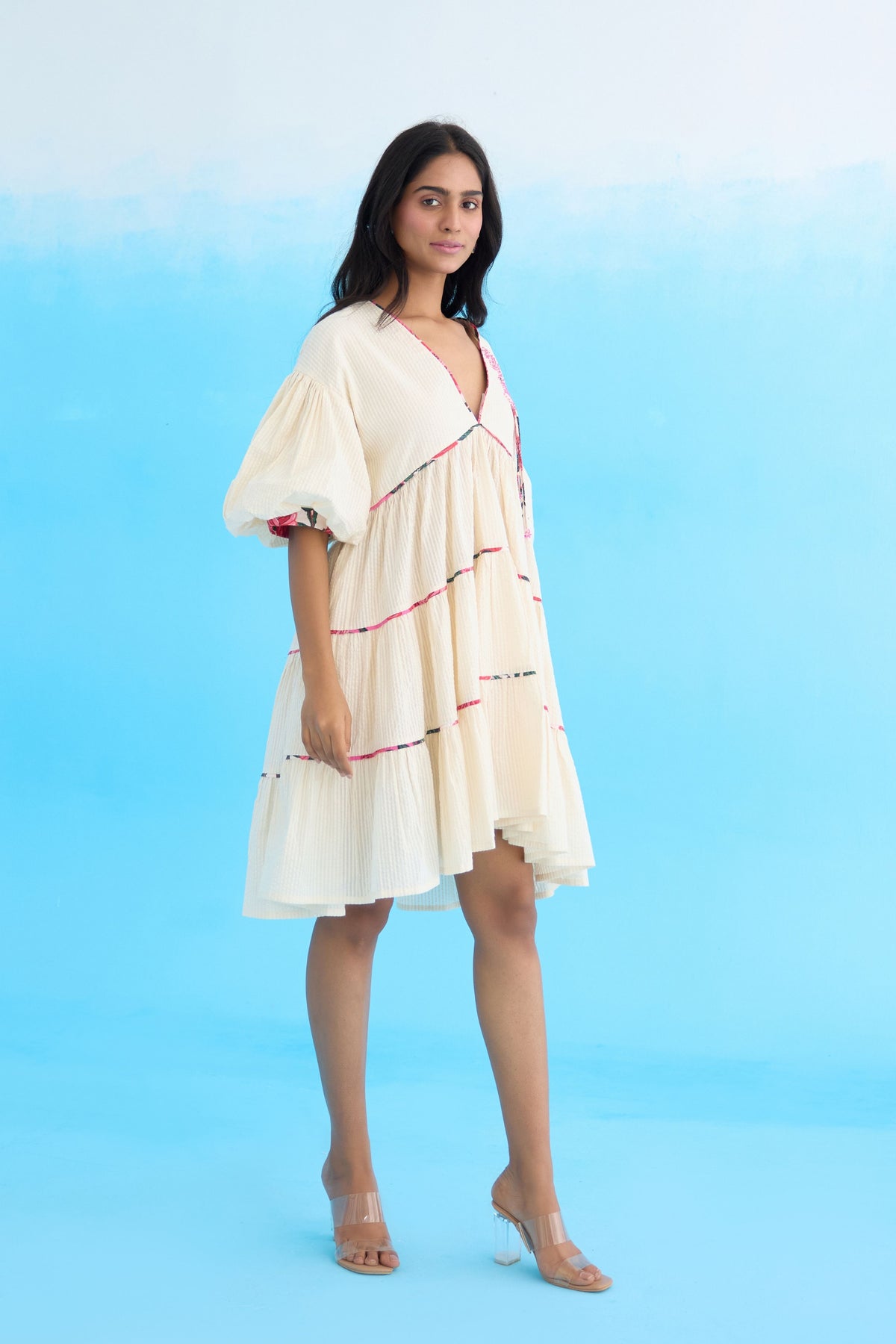 Cream Bubble Sleeves Tier Dress