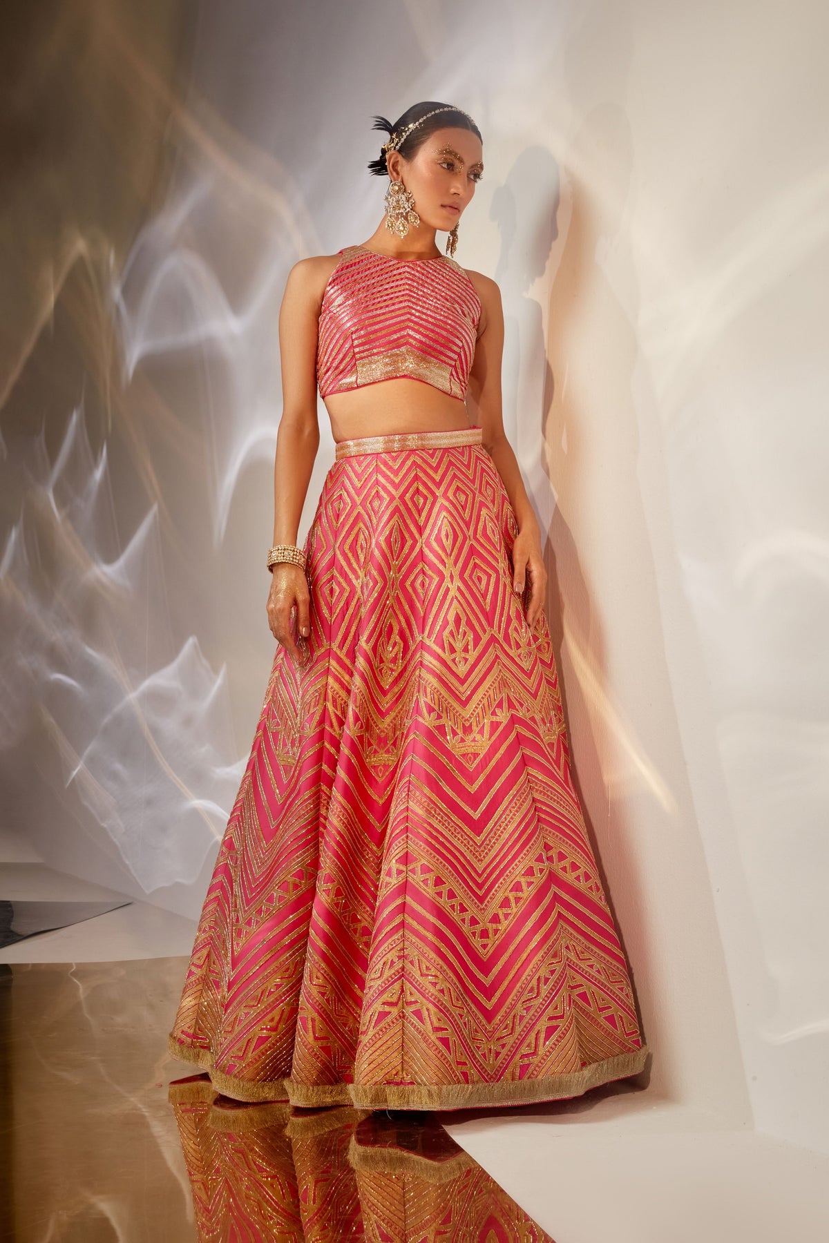 Pink Geometric Pattern Lehenga Set