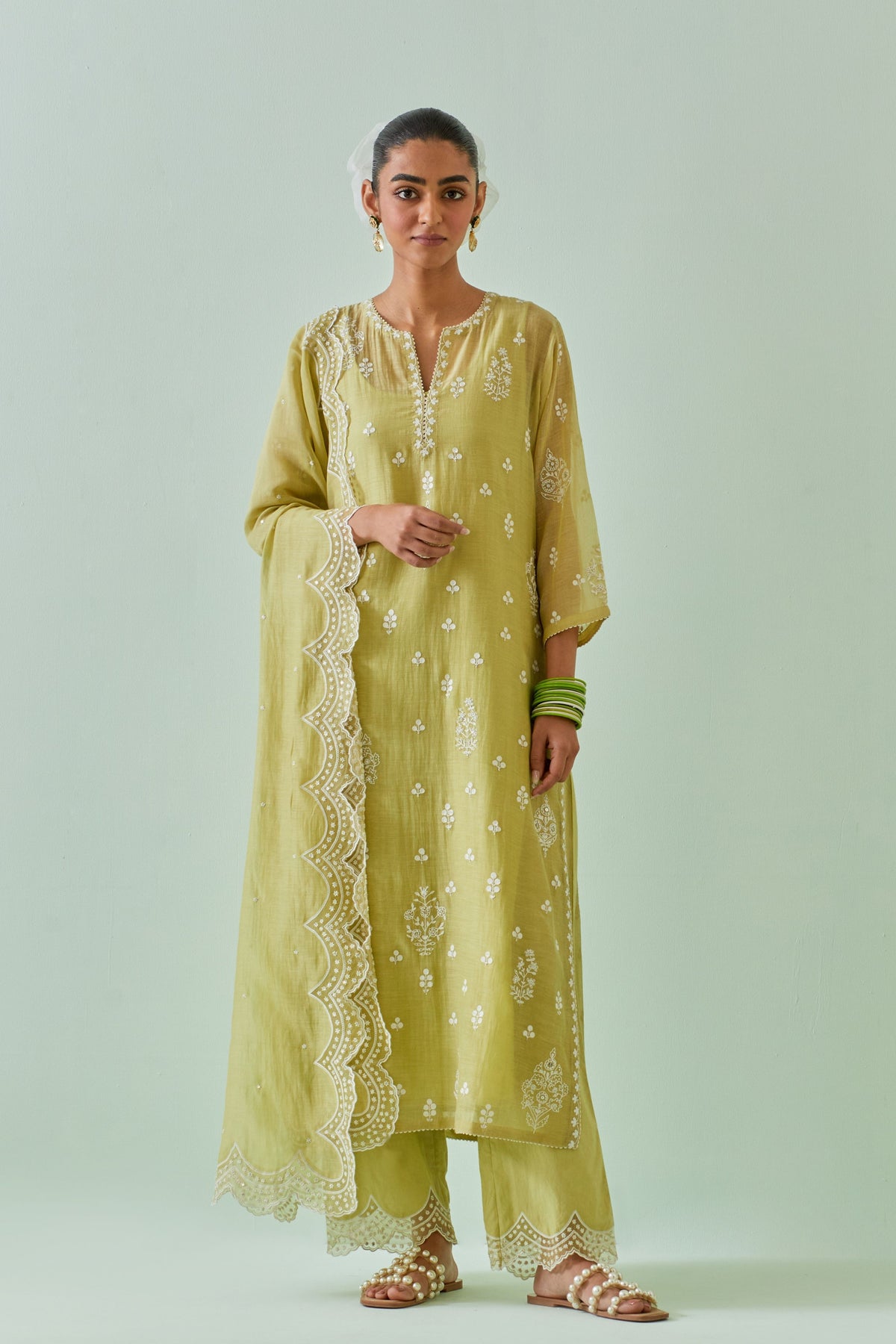 Green Scalloped Embroidery Kurta Set