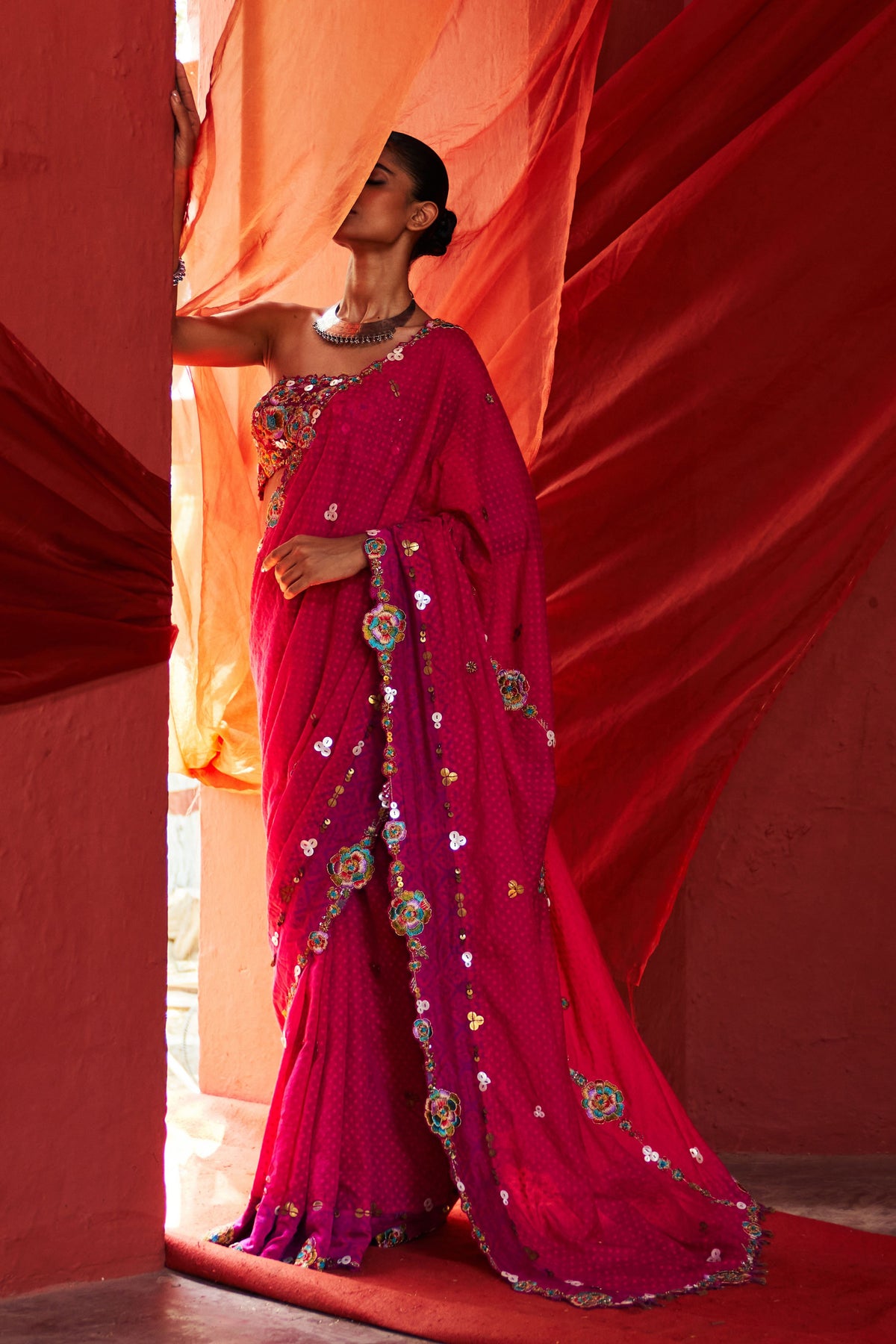 Pink Embroidered Sari Set