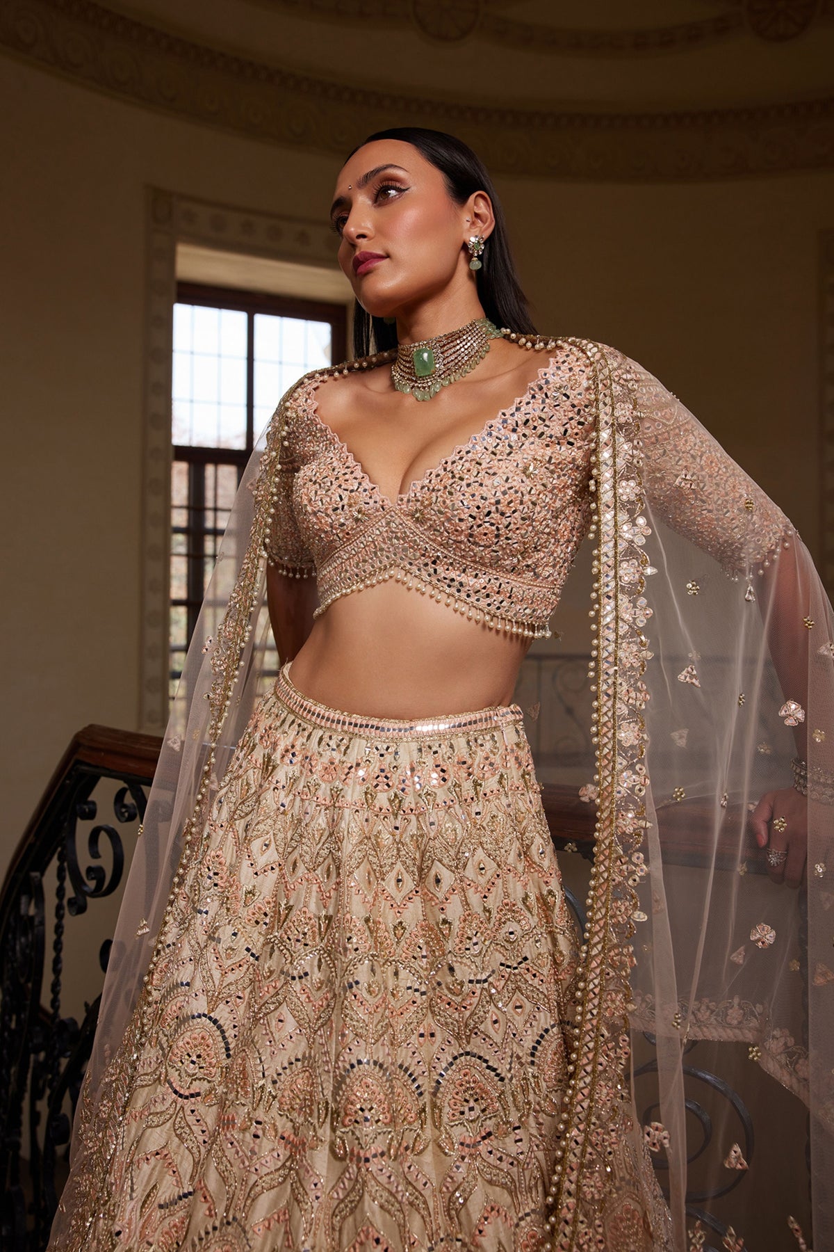 Cream Lehenga With Green Highlighting