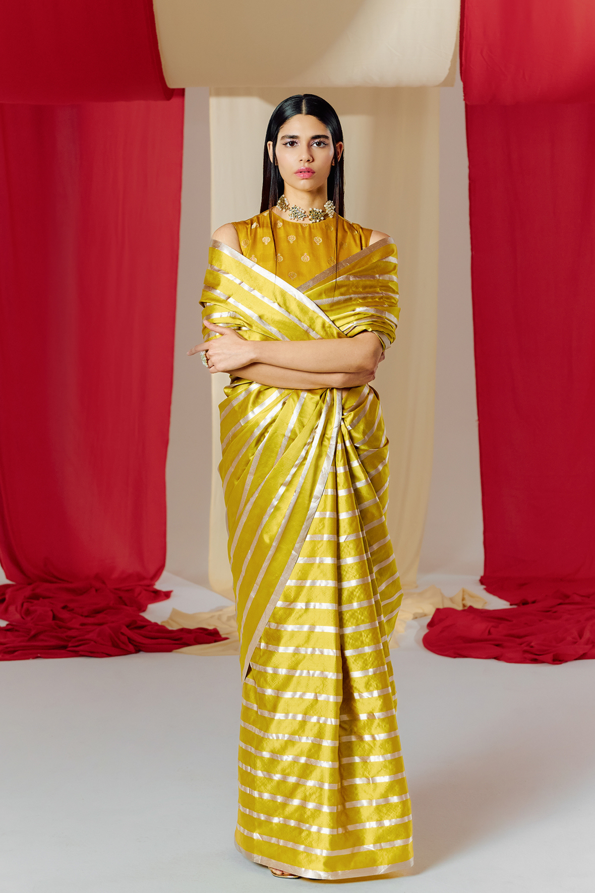 Handwoven Yellow Striped Silk Saree