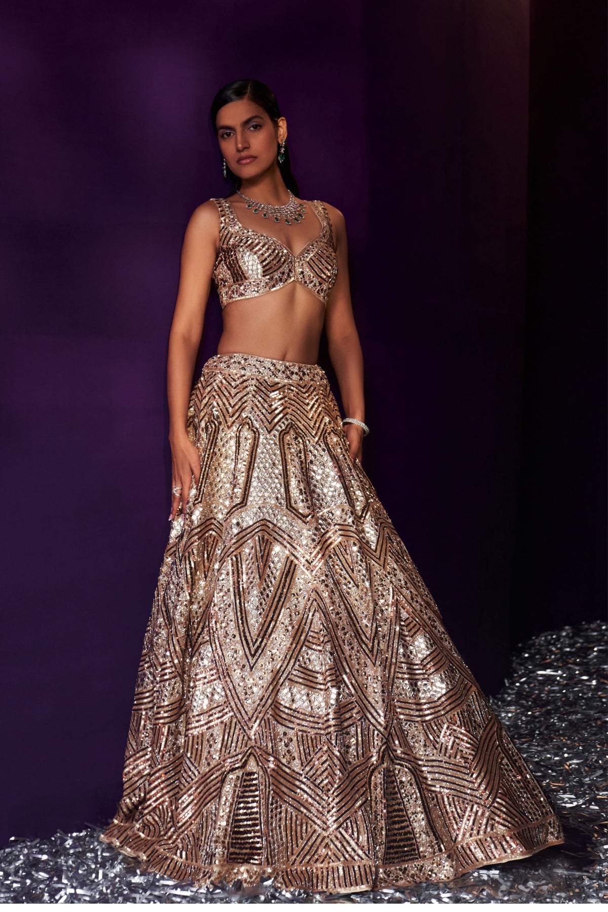 Gold Tissue Embroired Lehenga Set