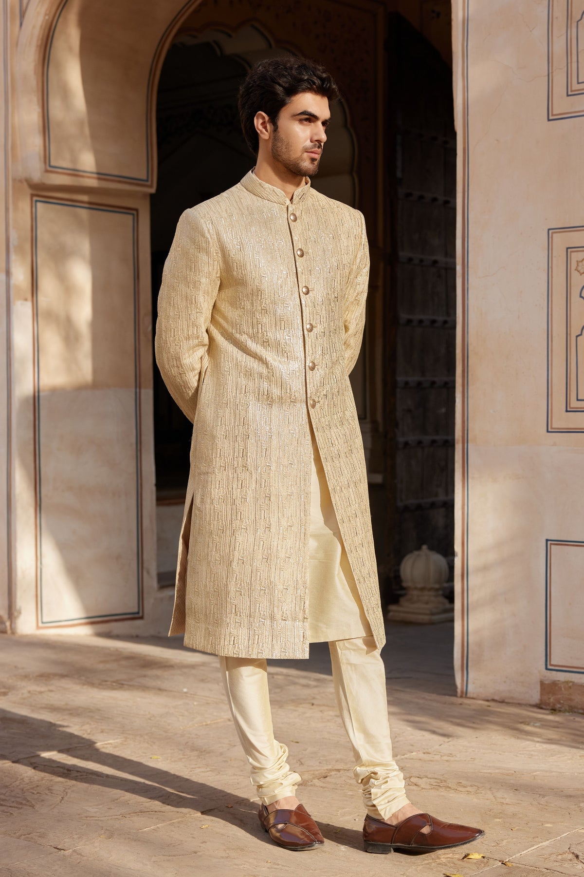 Beige Champagne Sherwani Set