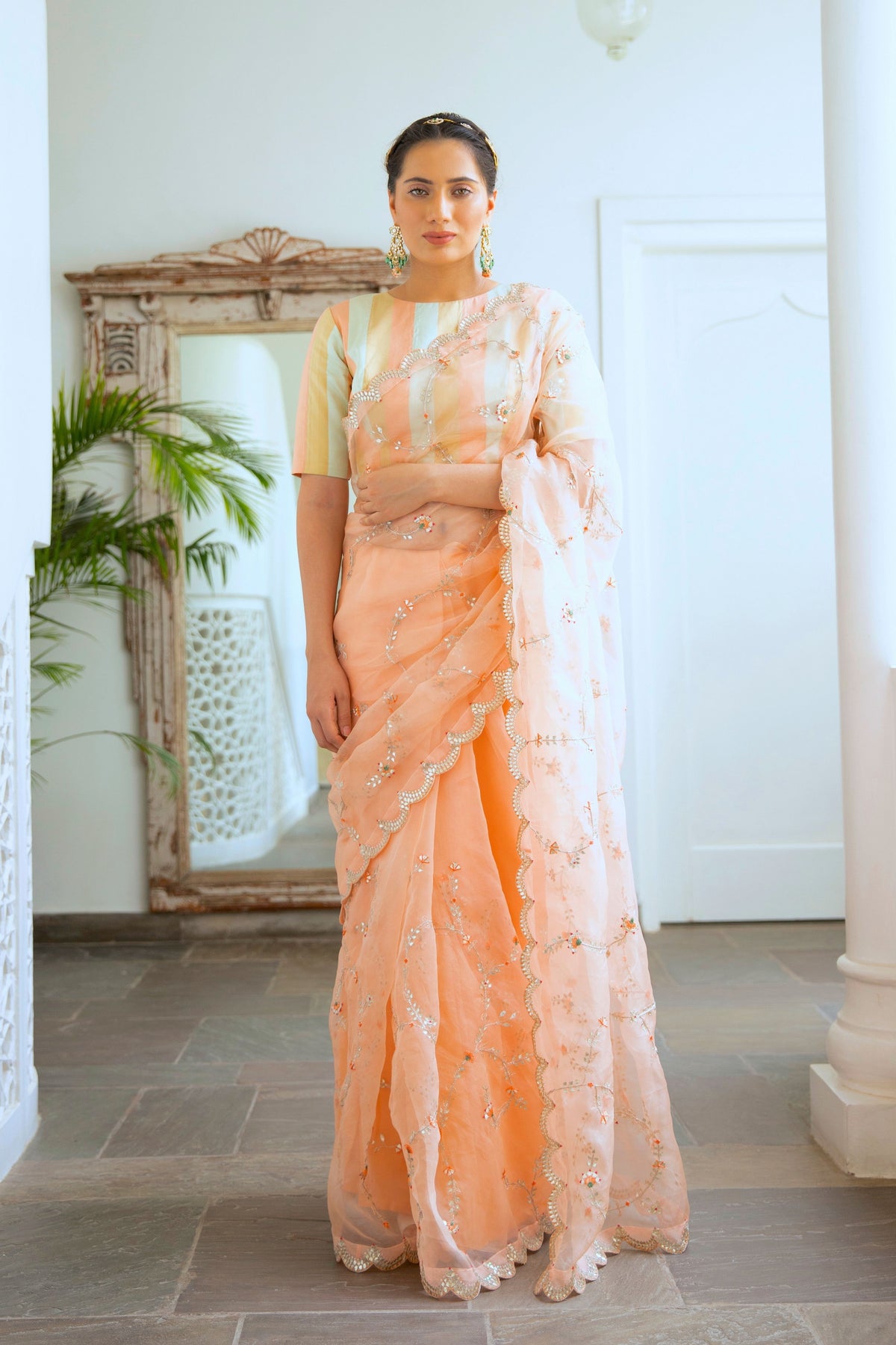 Peach Jaal Saree Set