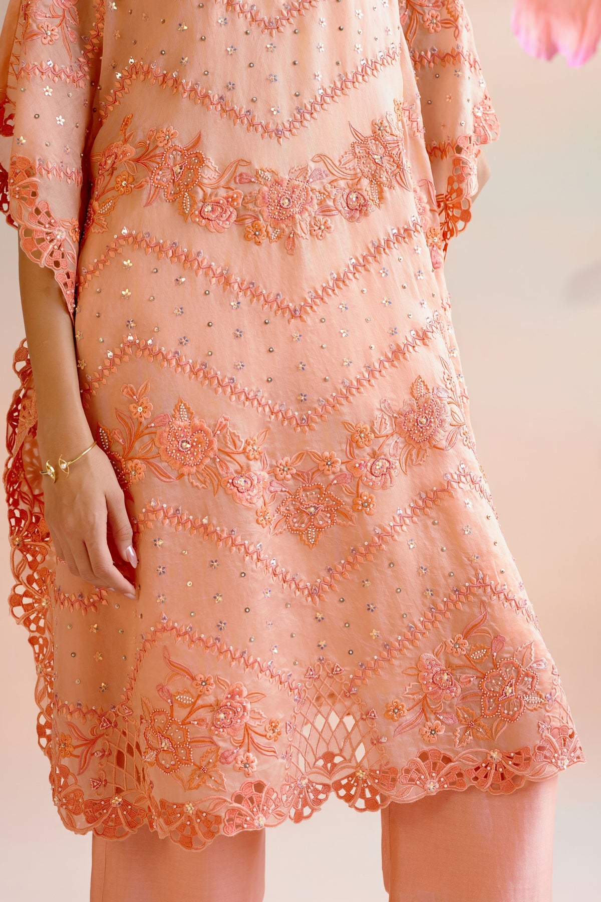 Apricot Multitonal Cutwork Kaftan