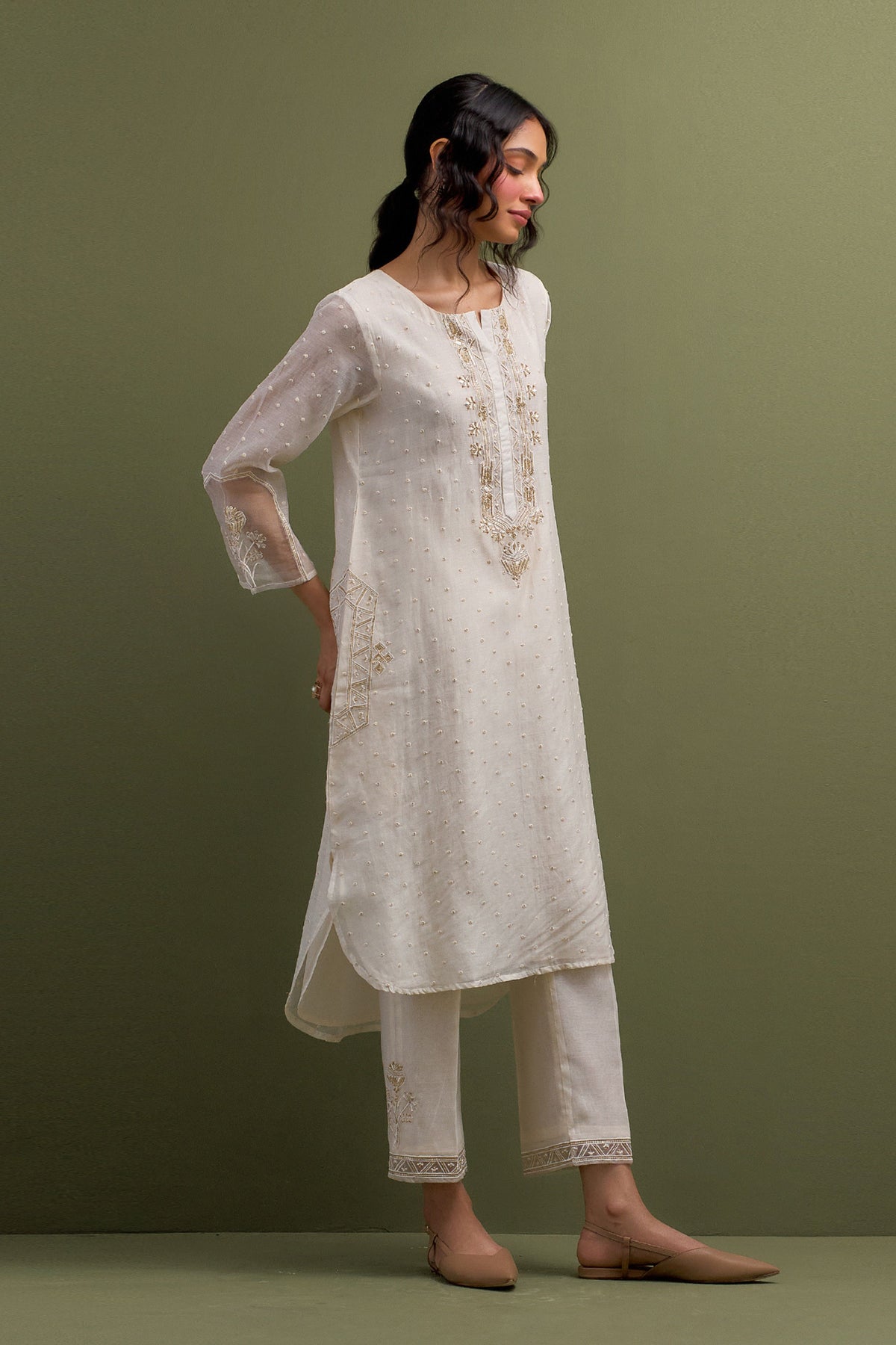 Ivory High Low Kurta Set