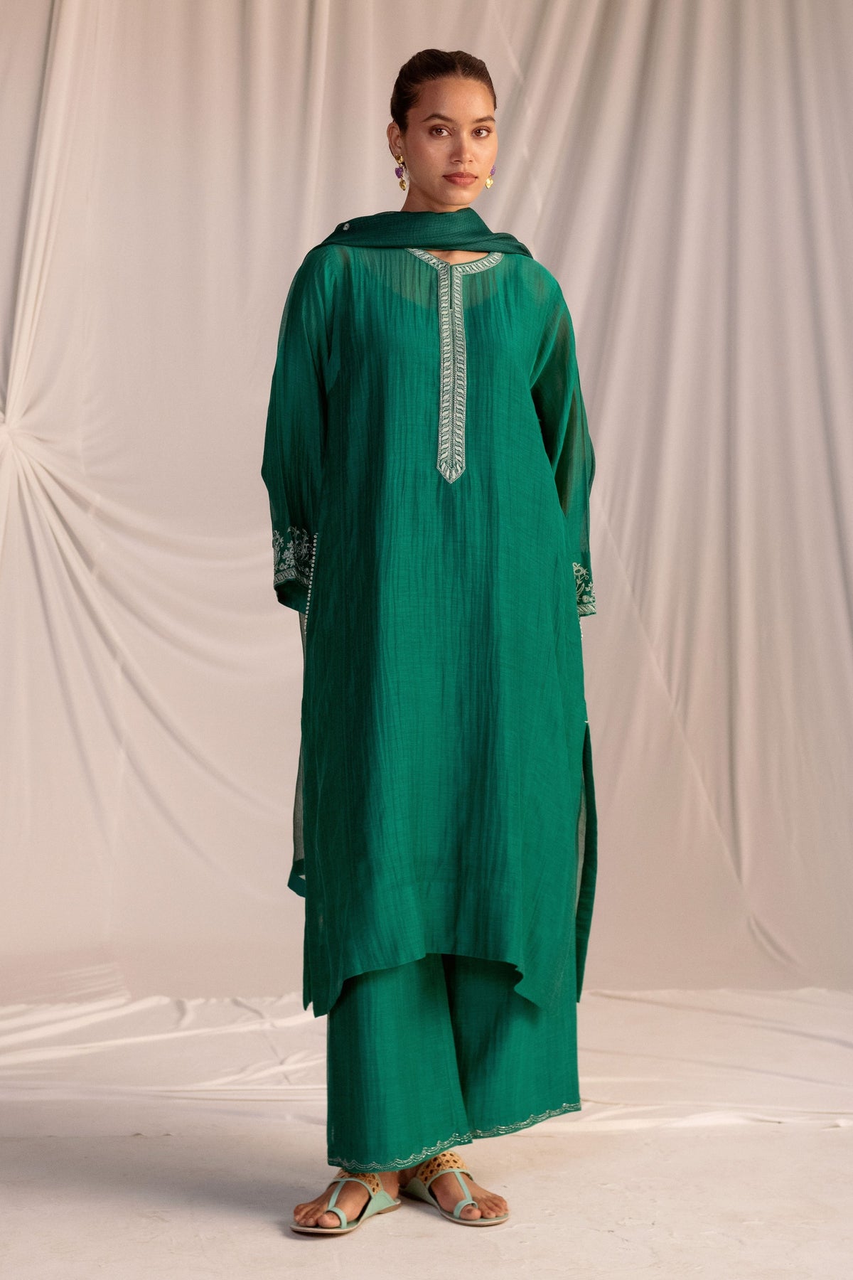 Green Embroidered Tunic &amp; Trouser Set