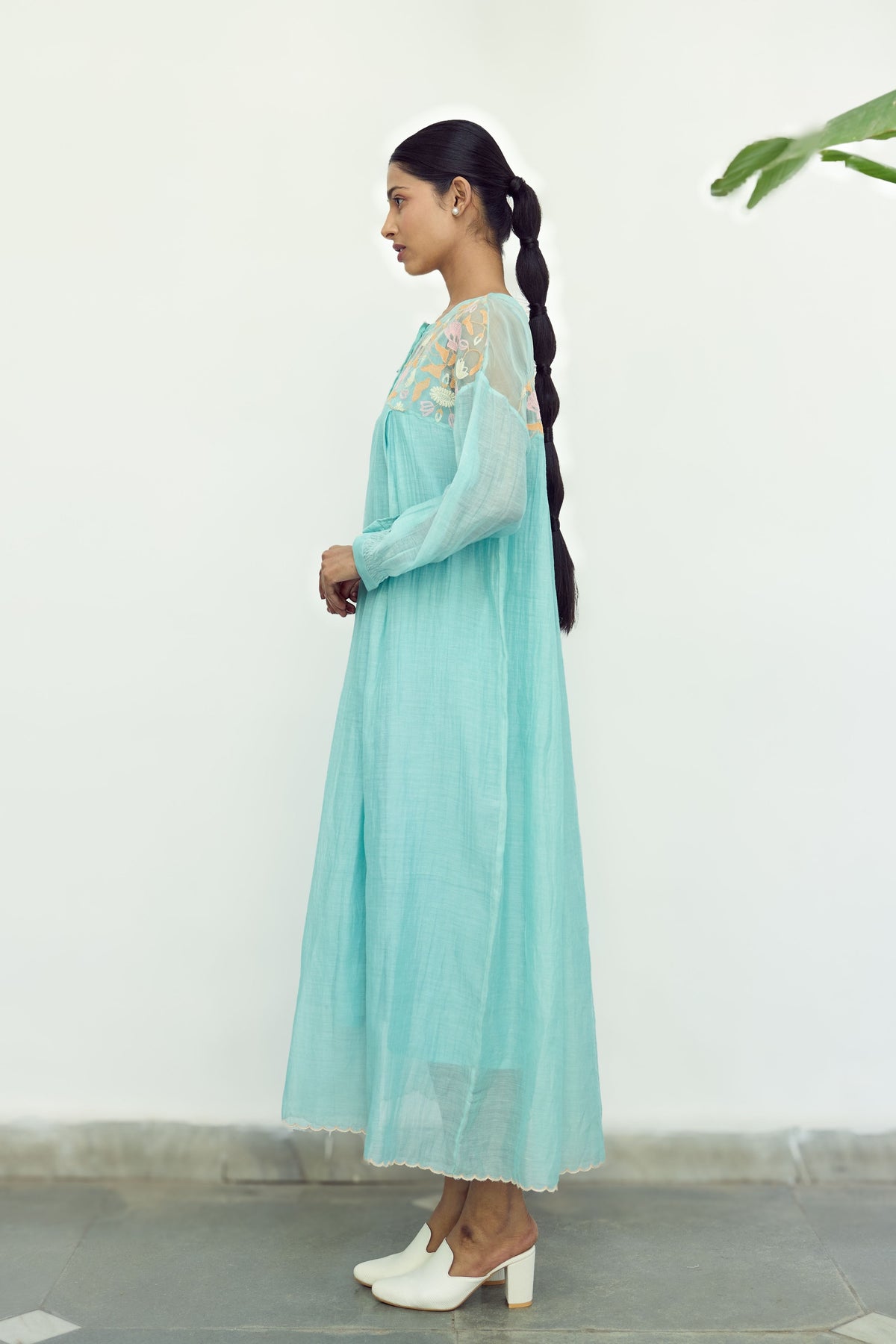 Turquoise Silk Organza Yoke Dress