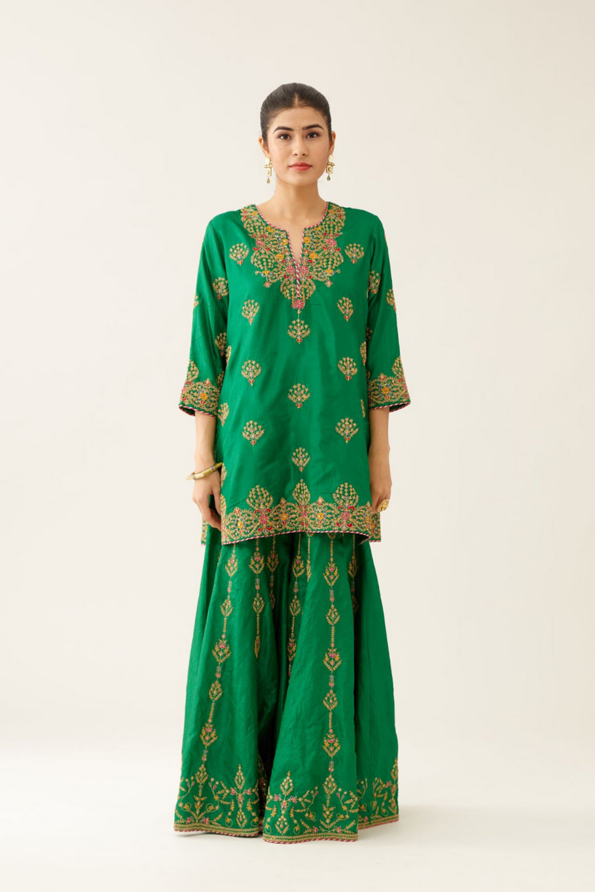 Green Silk Short Kurta Set