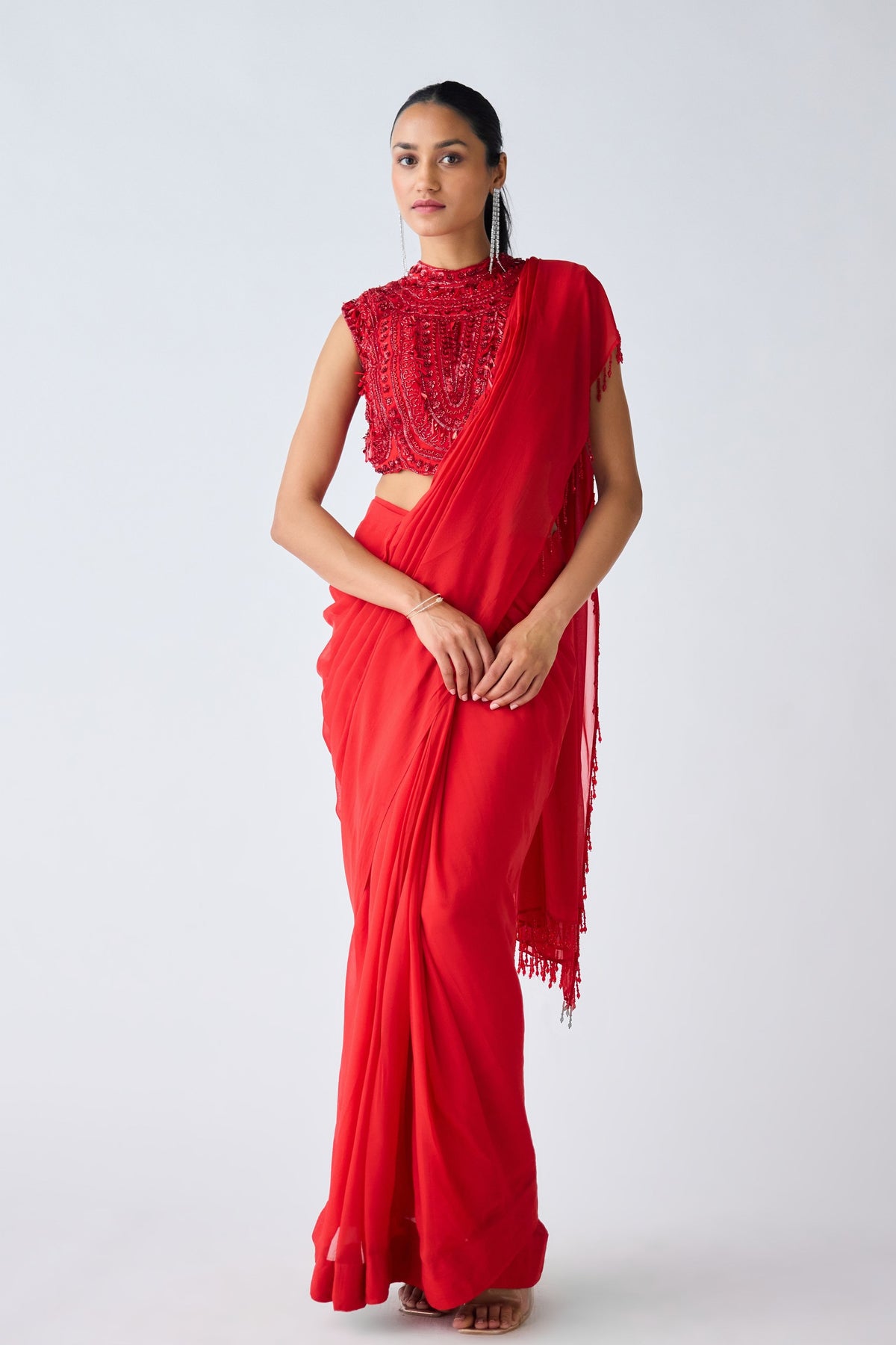 Red Embroidered Saree Set