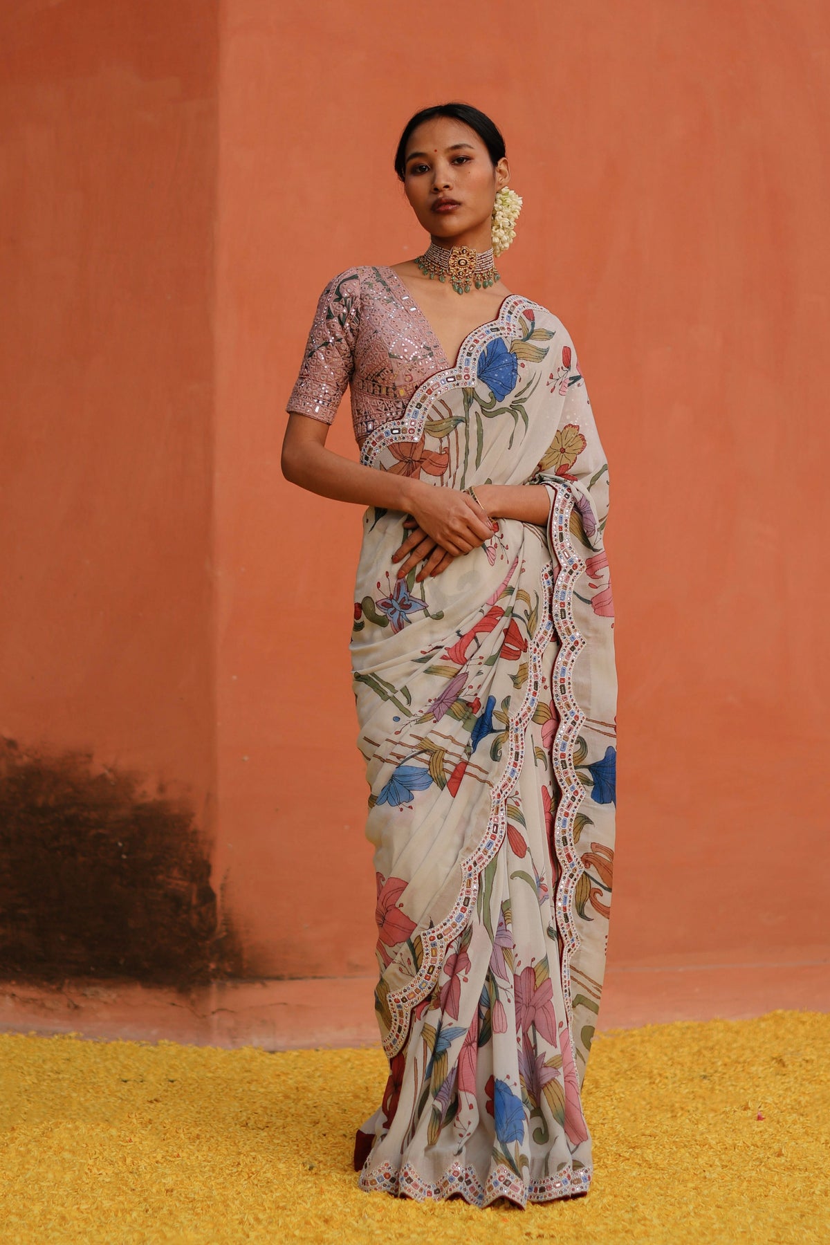 Ivory Kalam Floral Saree