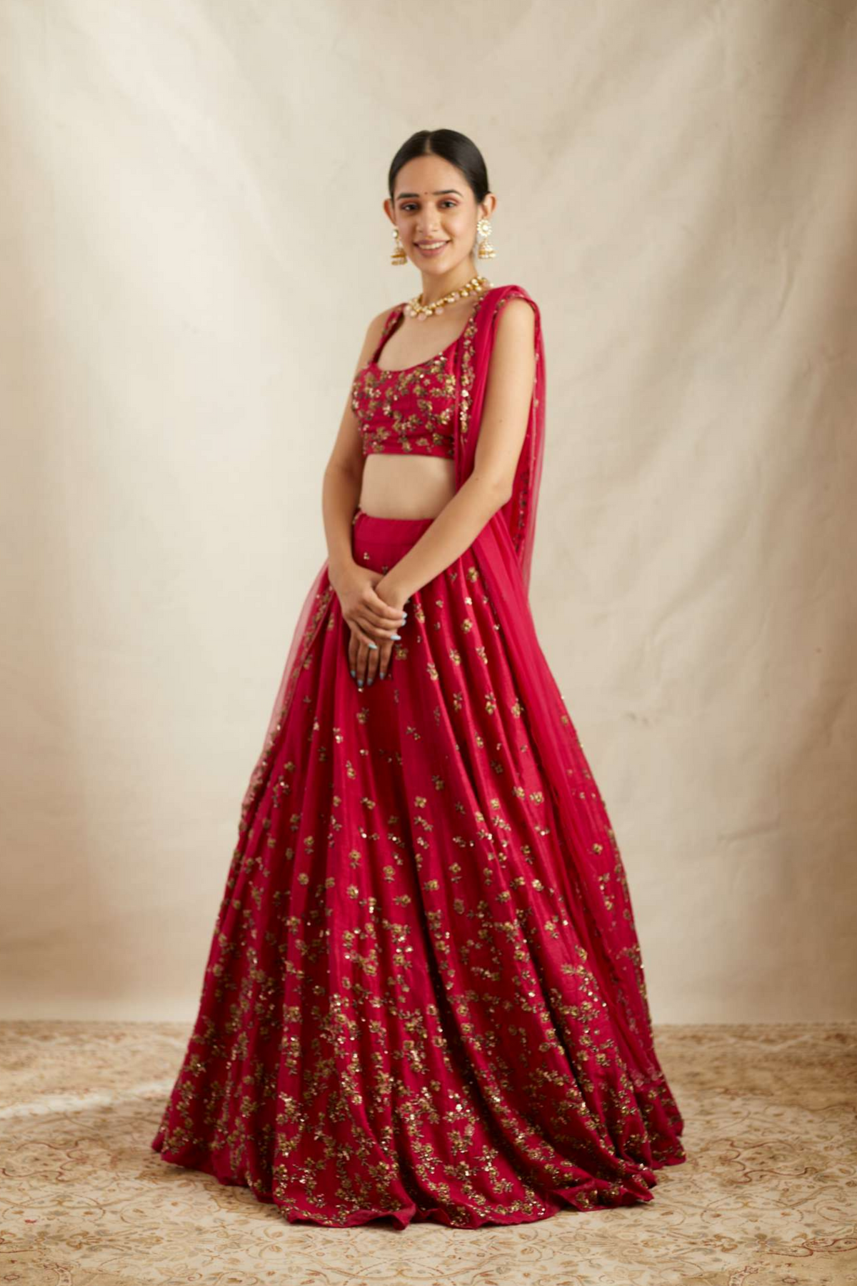 Carmine Pink Raw Silk Lehenga Set