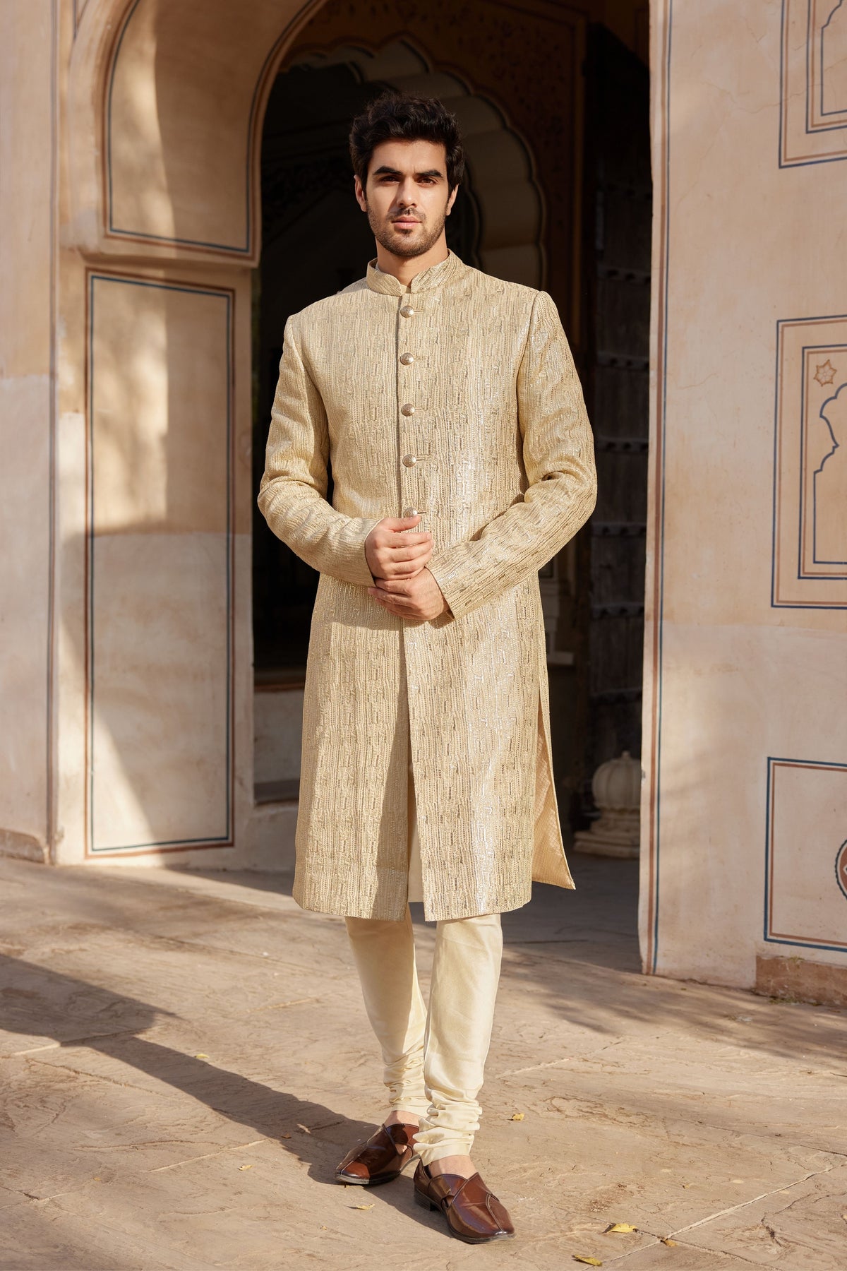 Beige Champagne Sherwani Set