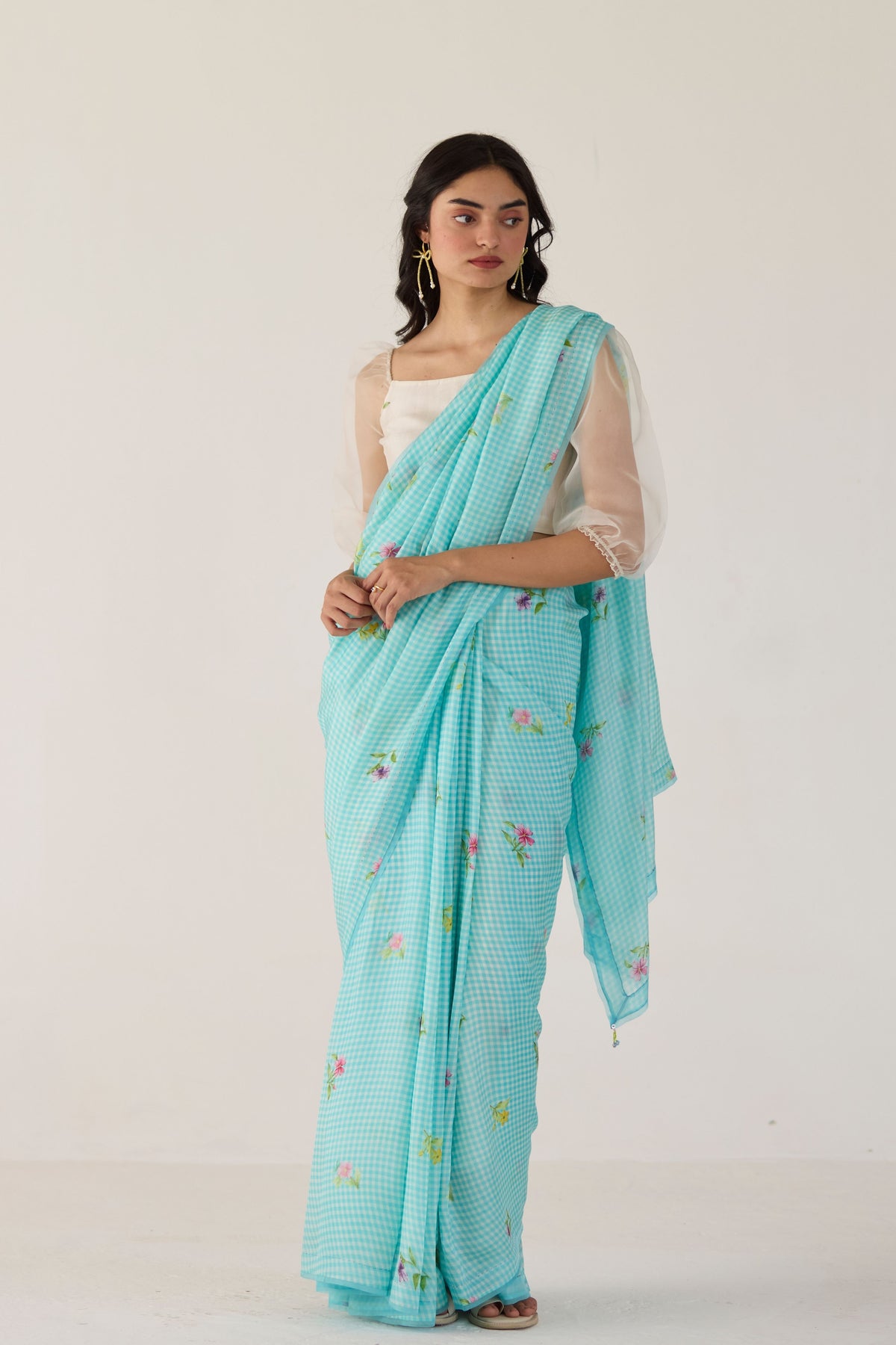 Blue Serene Meadow Mulberry Organza Silk Sari