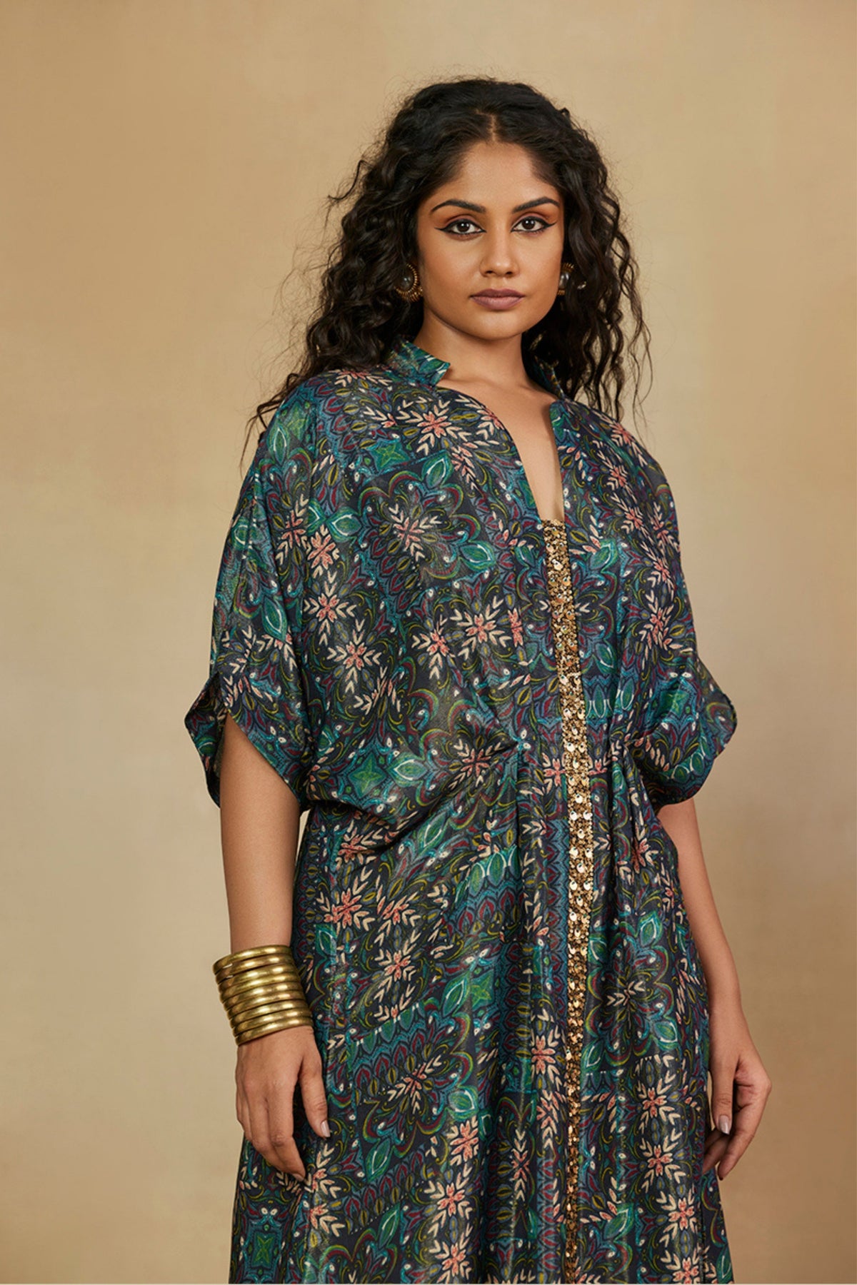 Printed Kaftan Dress with Mirror Work