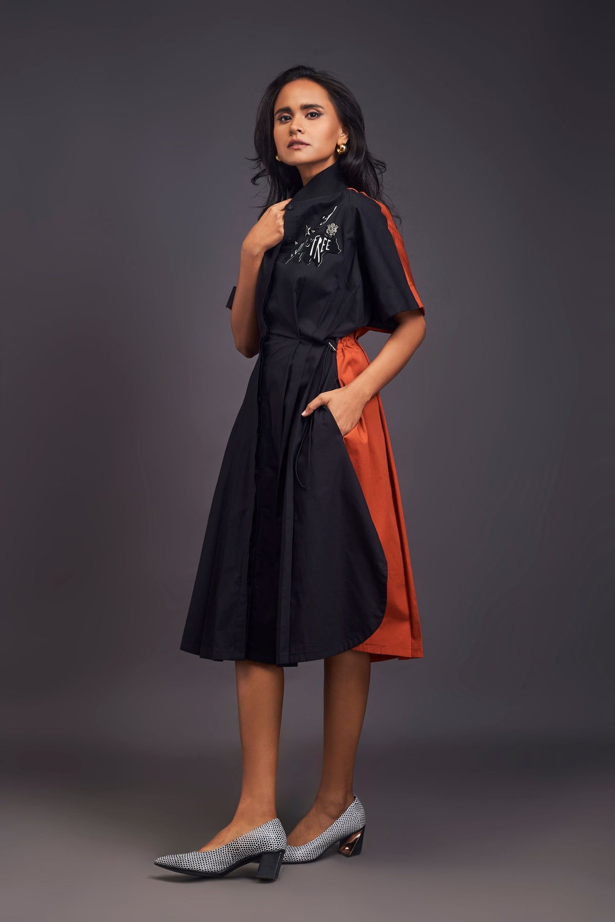 Black and Rust Pleated Shirt Dress