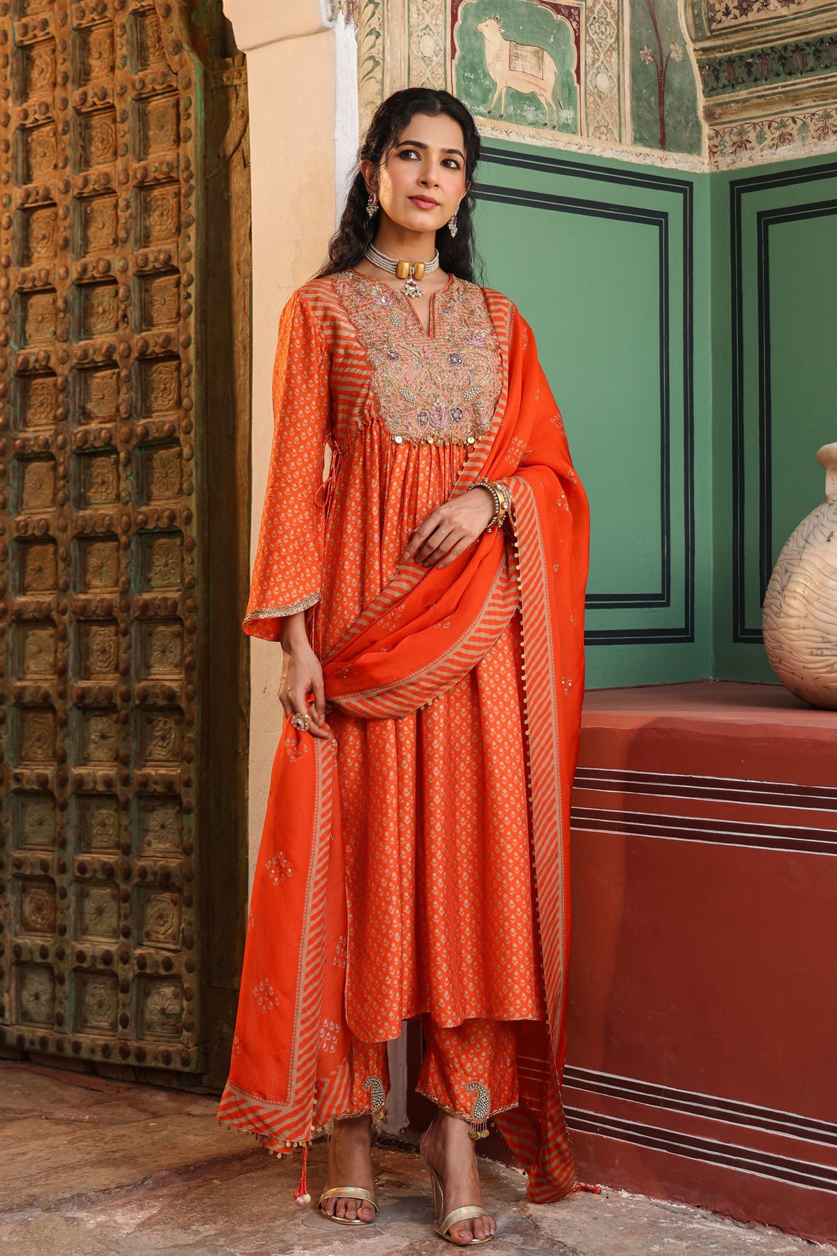 Printed Frockstyle Orange Kurta Set