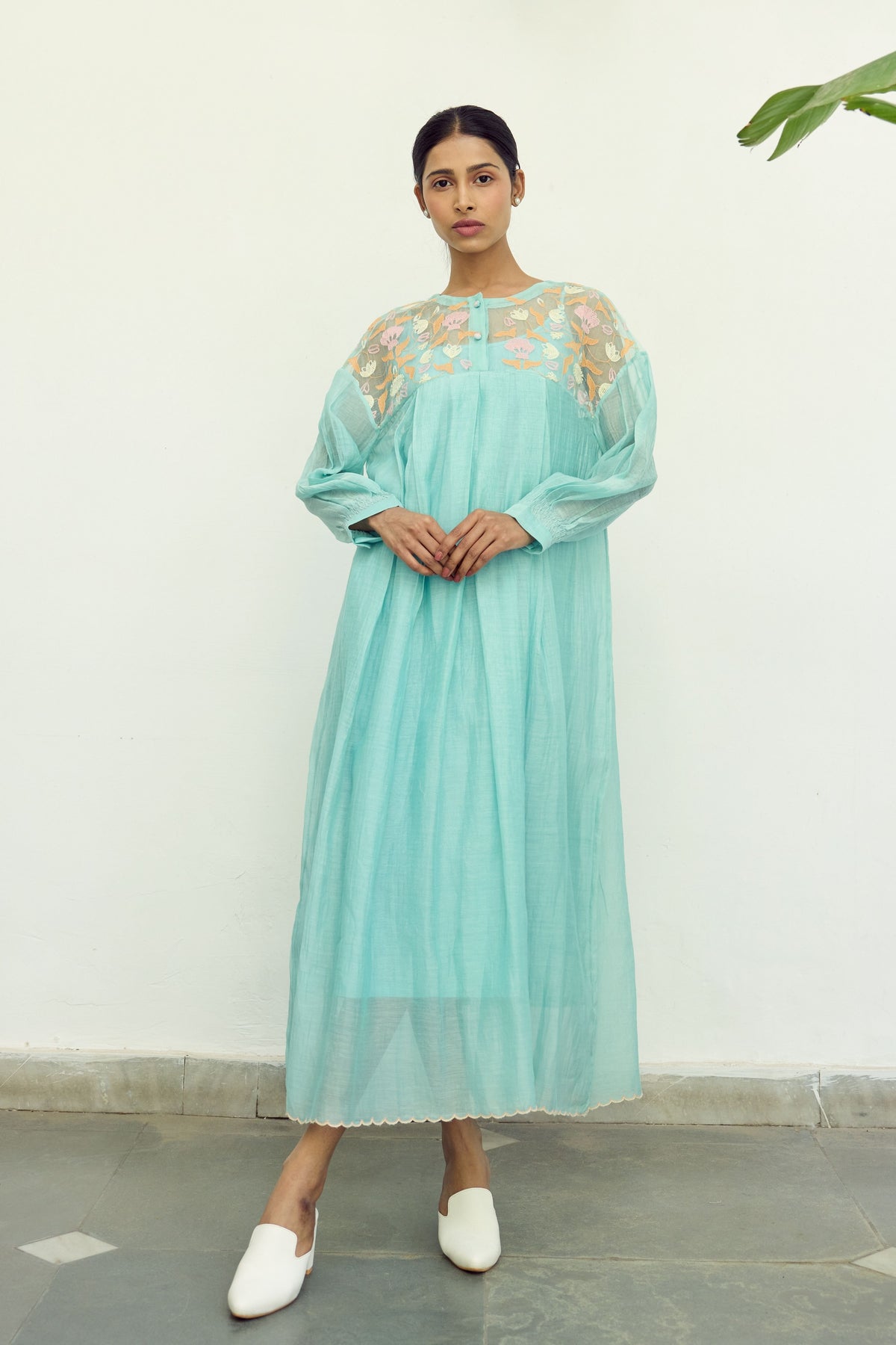 Turquoise Silk Organza Yoke Dress