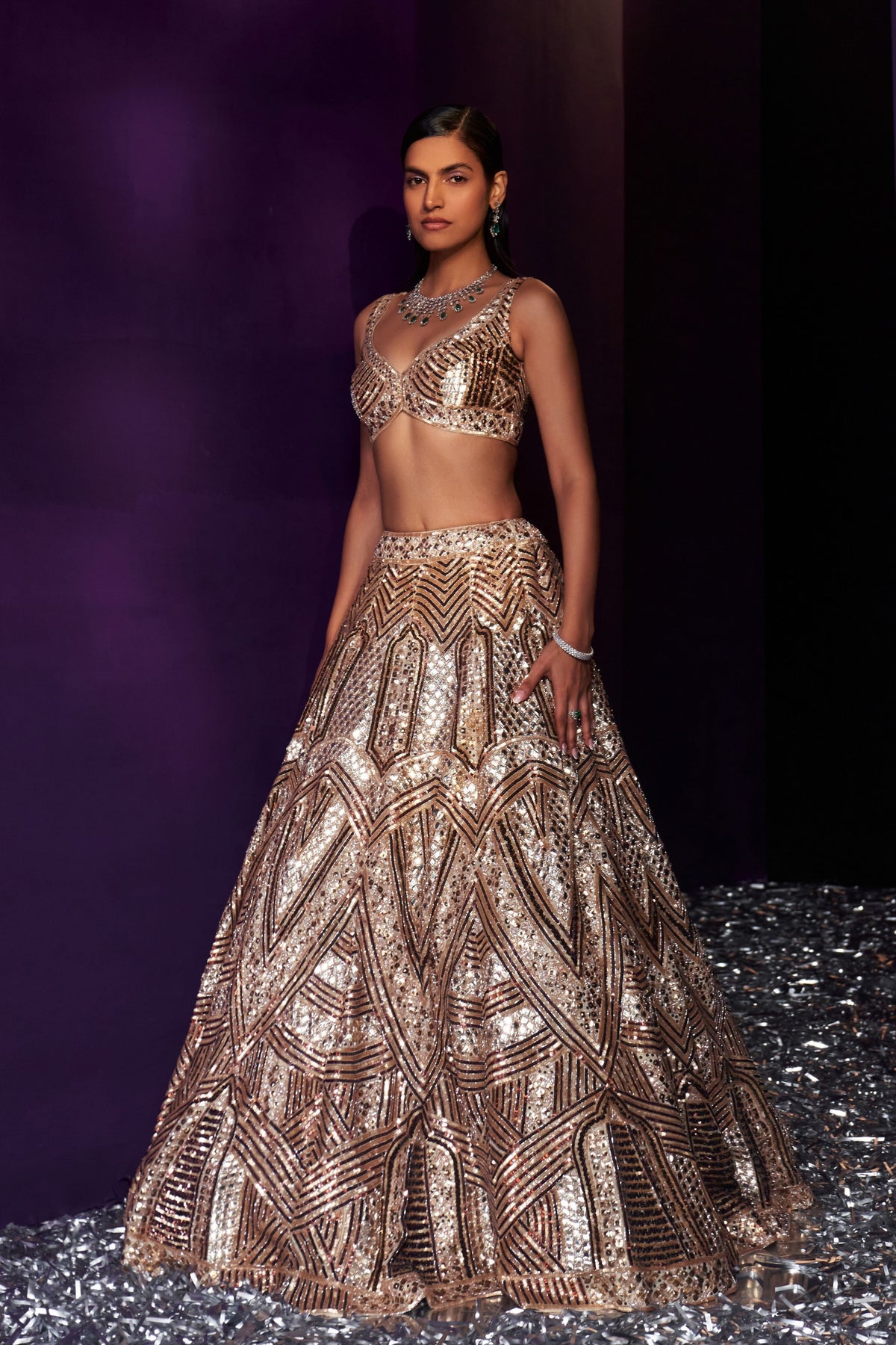 Gold Tissue Embroired Lehenga Set