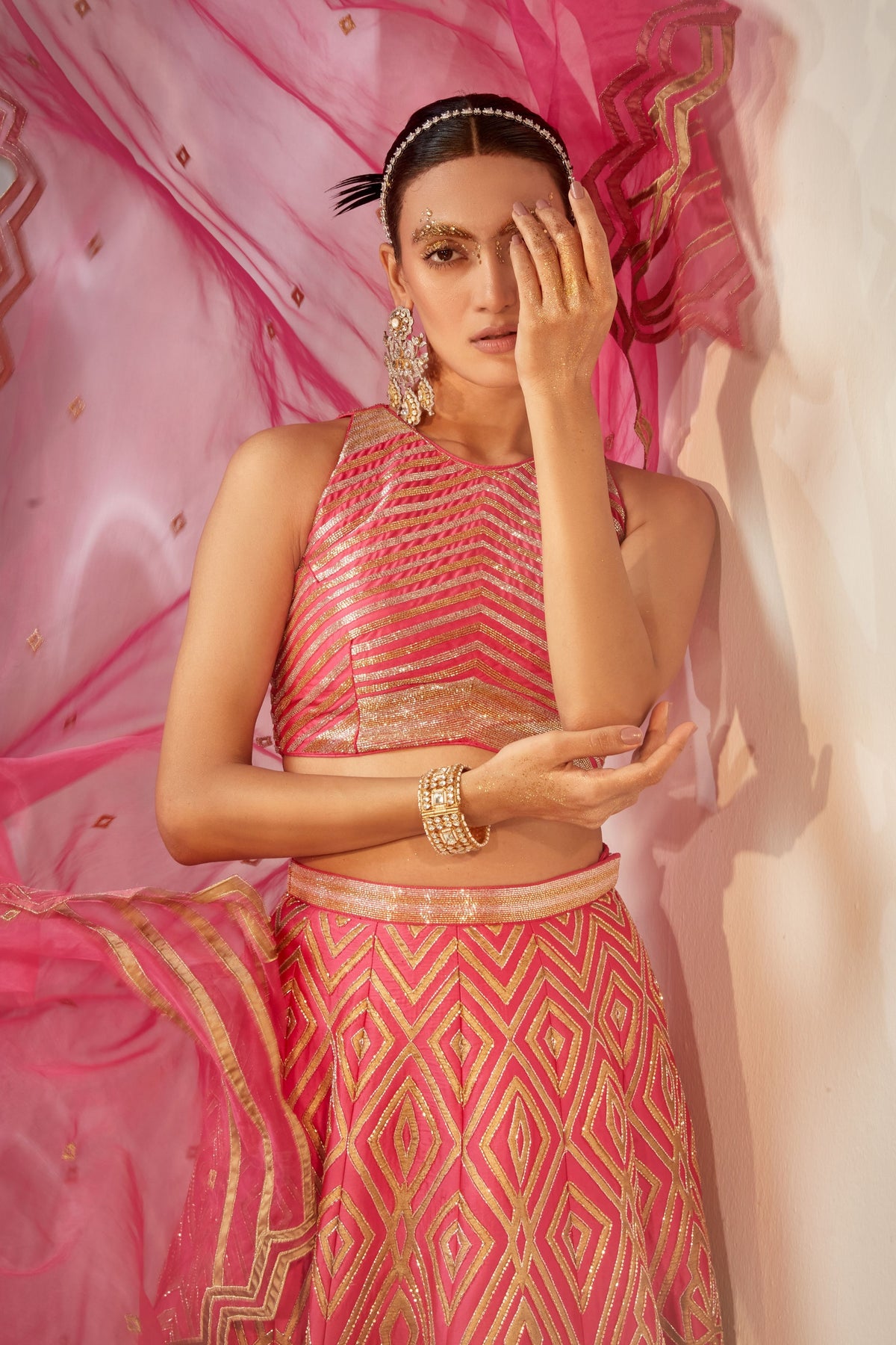 Pink Geometric Pattern Lehenga Set