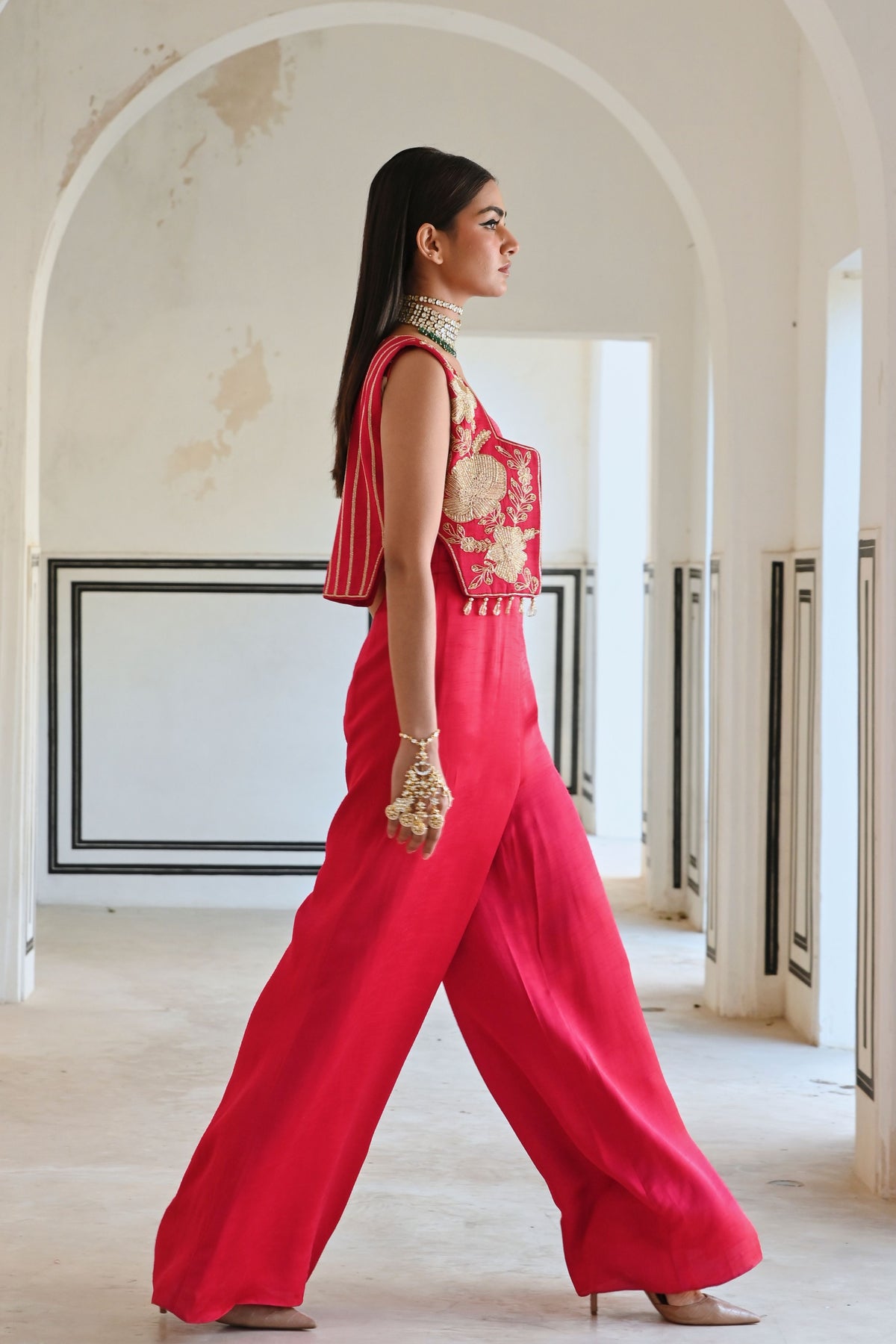 Red Embroidered Jumpsuit With Jacket